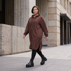 Damen Jacke Avantgarde Baumwolle Schokobraun, gerader Schnitt, Langarm, Kapuze, Oversize große Größen – Rafay