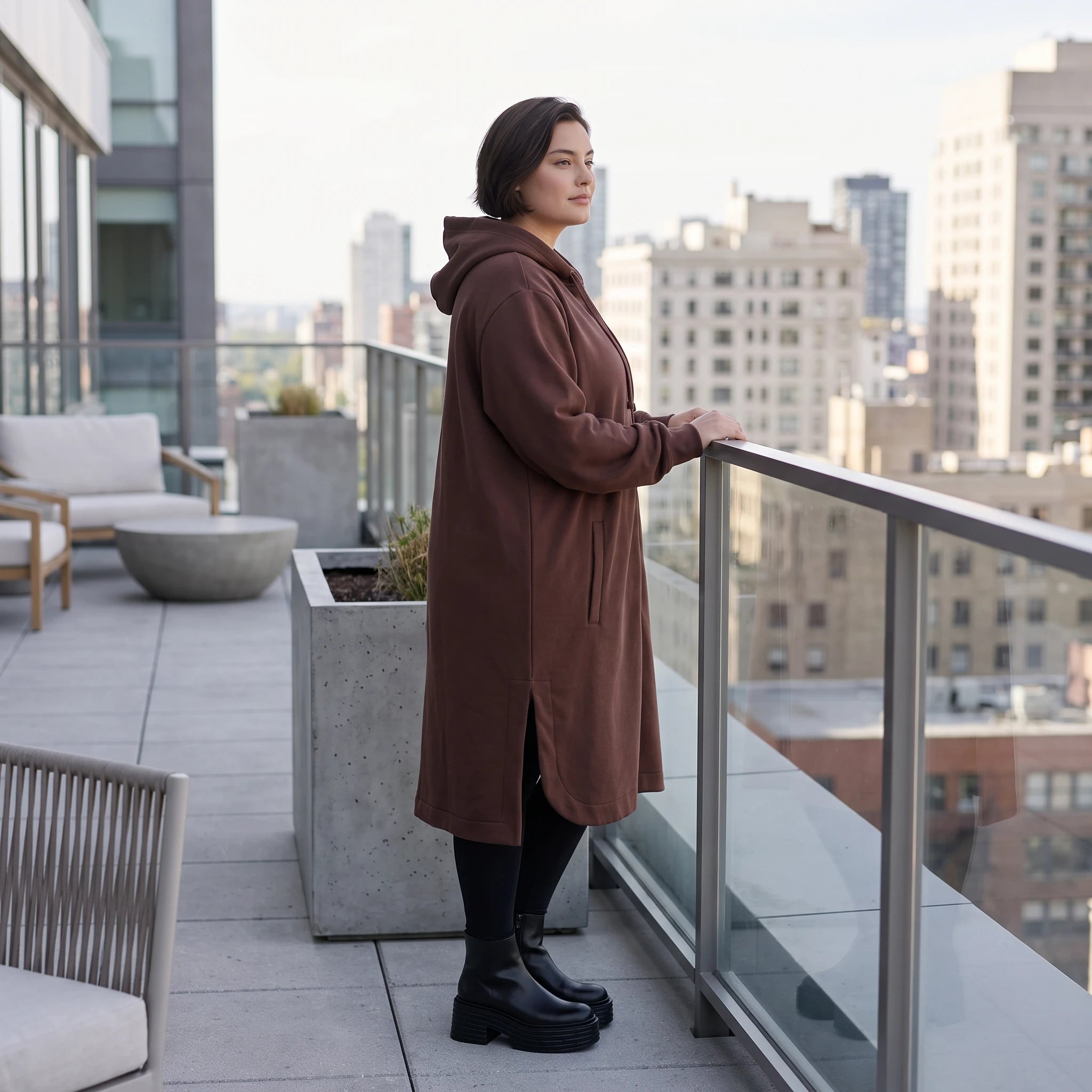 Damen Jacke Avantgarde Baumwolle Schokobraun, gerader Schnitt, Langarm, Kapuze, Oversize große Größen – Rafay