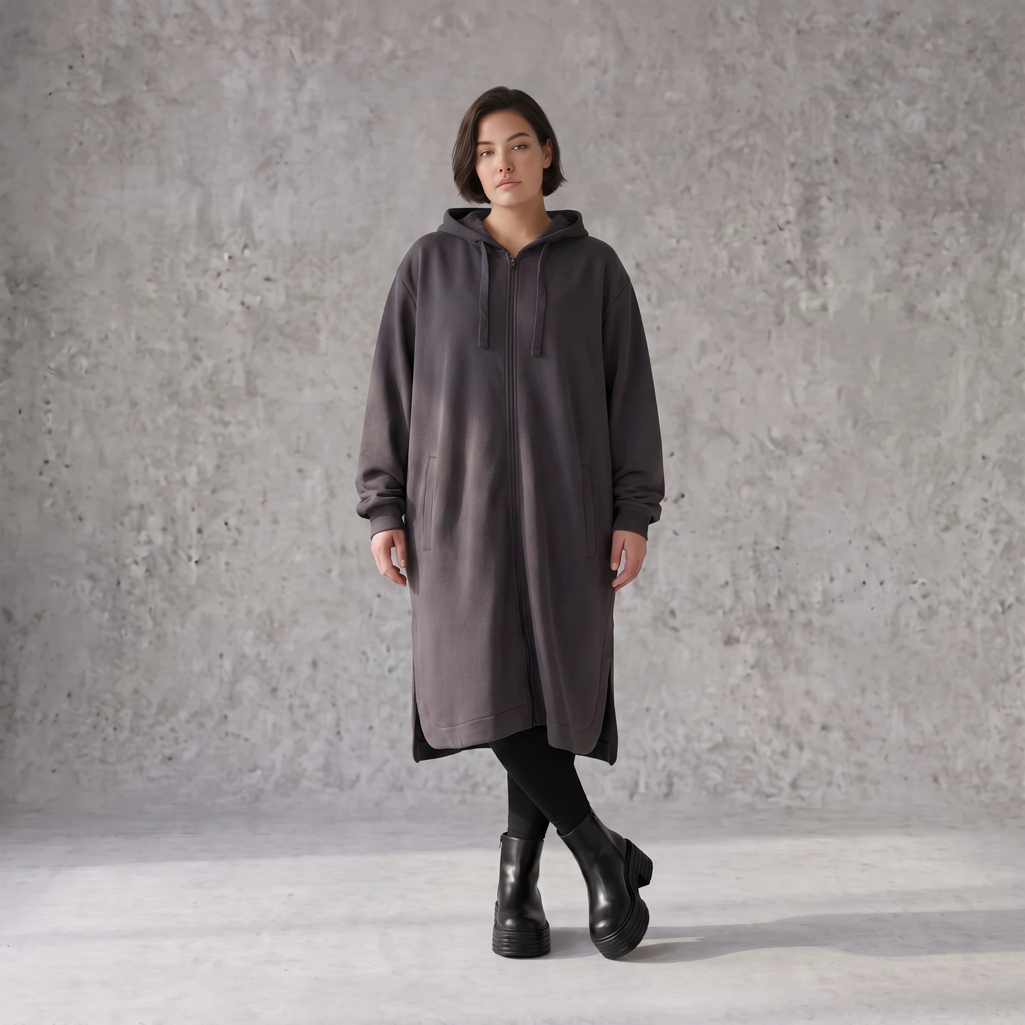 Damen Jacke Avantgarde Baumwolle Dunkelgrau, gerader Schnitt, Langarm, Reißverschluss, Oversize große Größen – Rafay