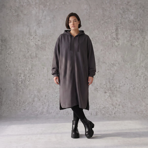 Damen Jacke Avantgarde Baumwolle Dunkelgrau, gerader Schnitt, Langarm, Reißverschluss, Oversize große Größen – Rafay