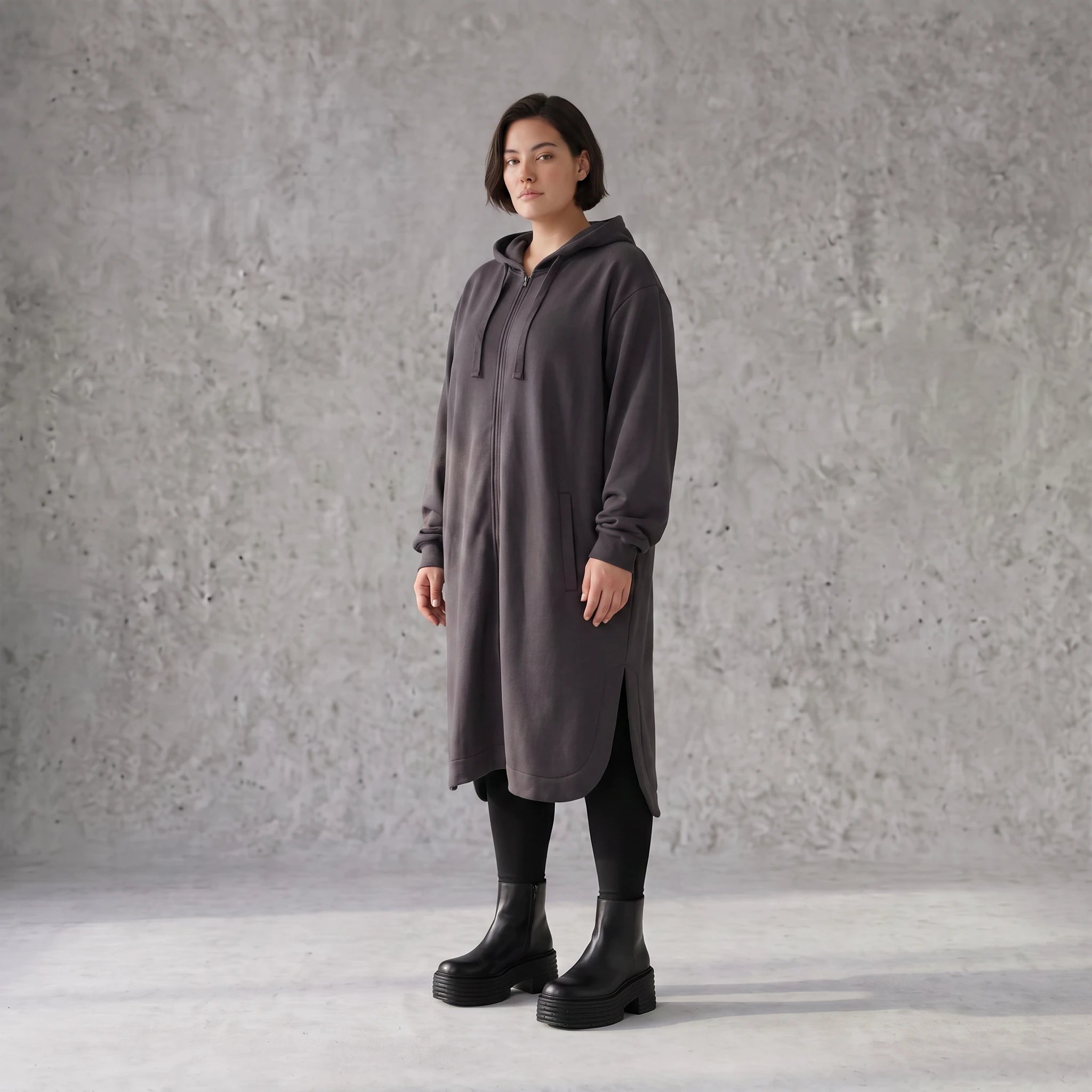 Damen Jacke Avantgarde Baumwolle Dunkelgrau, gerader Schnitt, Langarm, Reißverschluss, Oversize große Größen – Rafay