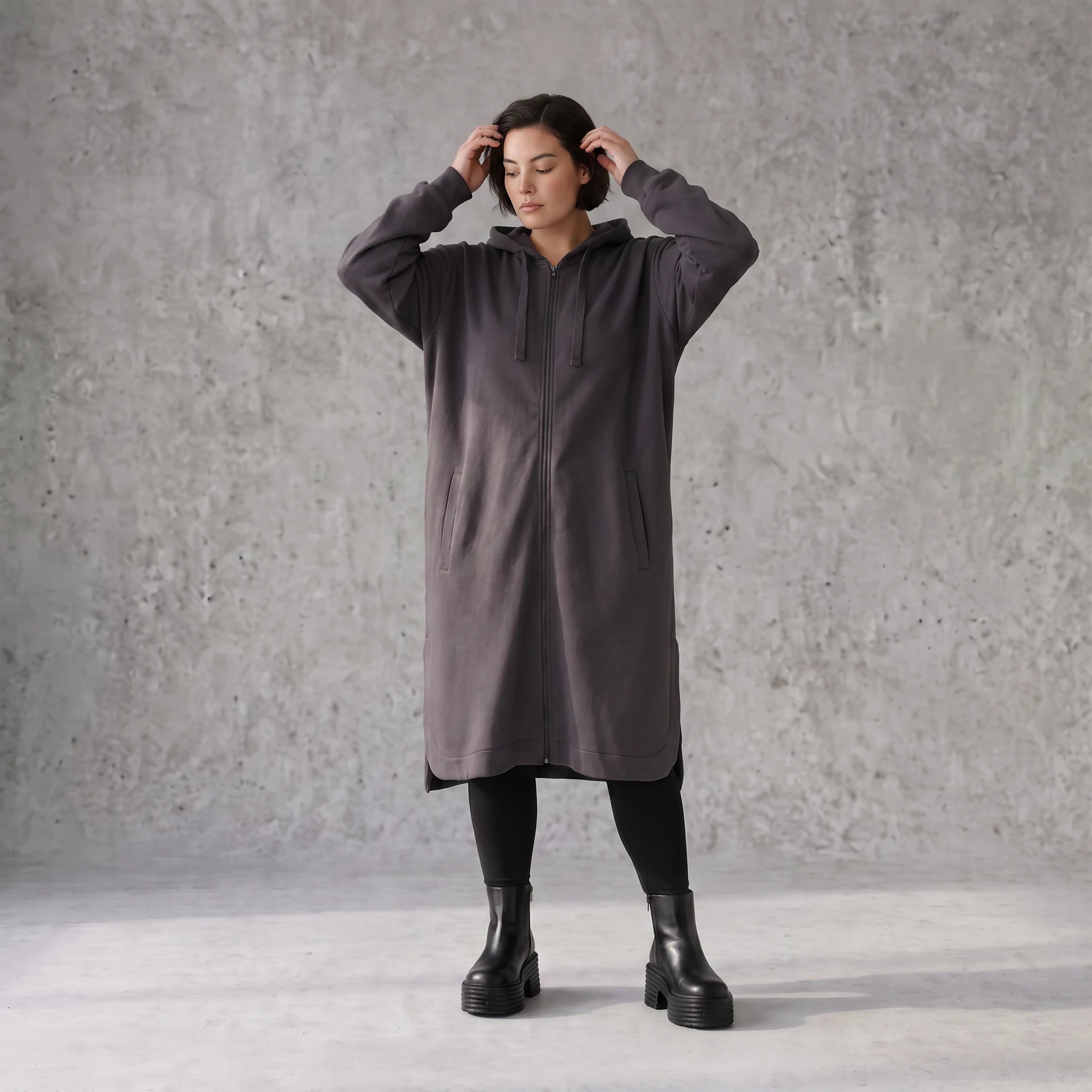 Damen Jacke Avantgarde Baumwolle Dunkelgrau, gerader Schnitt, Langarm, Reißverschluss, Oversize große Größen – Rafay