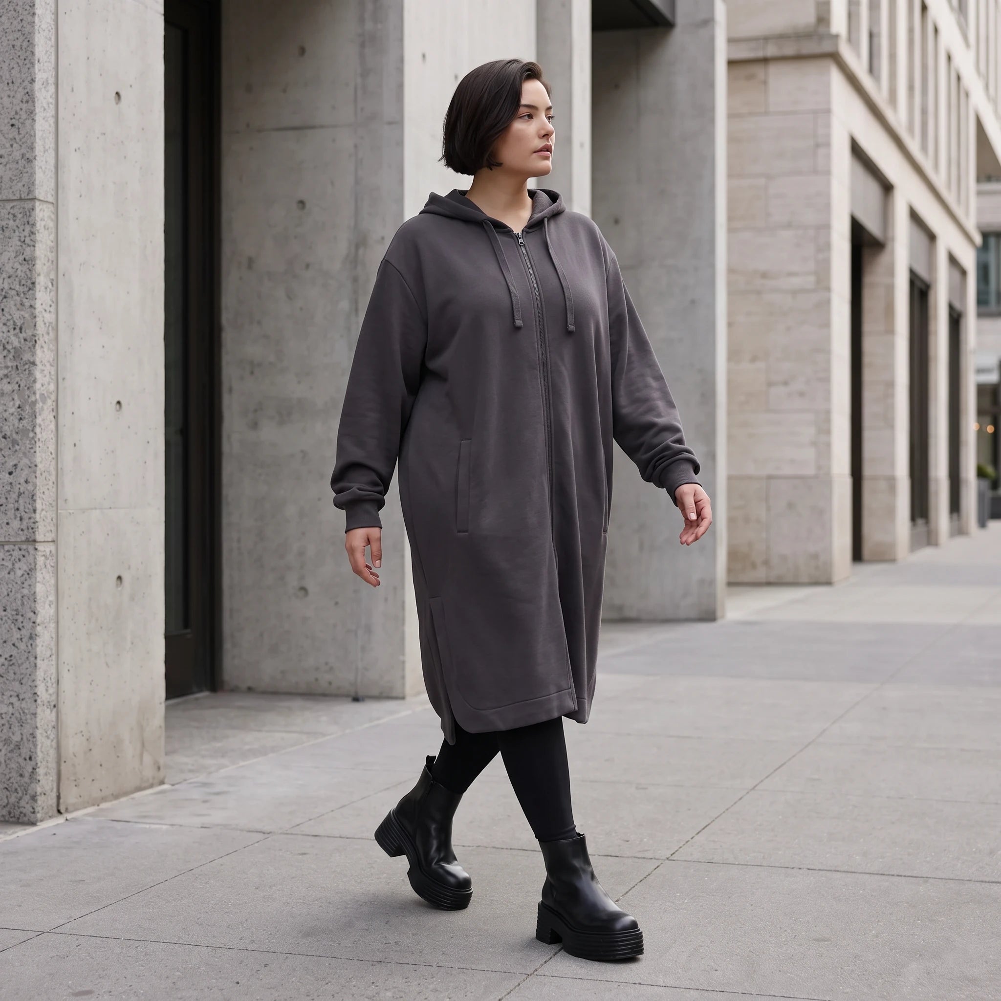 Damen Jacke Avantgarde Baumwolle Dunkelgrau, gerader Schnitt, Langarm, Reißverschluss, Oversize große Größen – Rafay