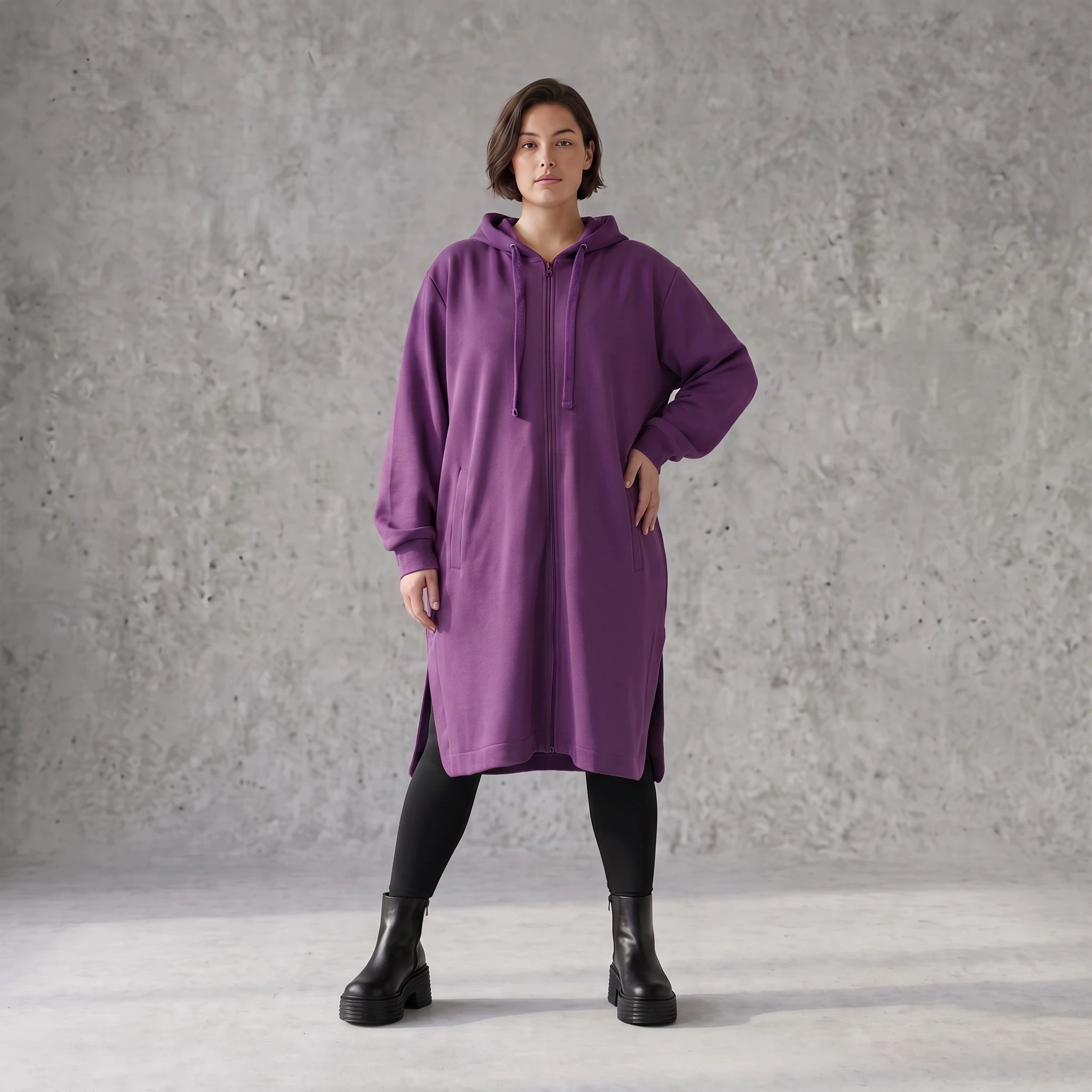 Damen Jacke Avantgarde Baumwolle Lila, gerader Schnitt, Langarm, Reißverschluss, Oversize große Größen – Rafay
