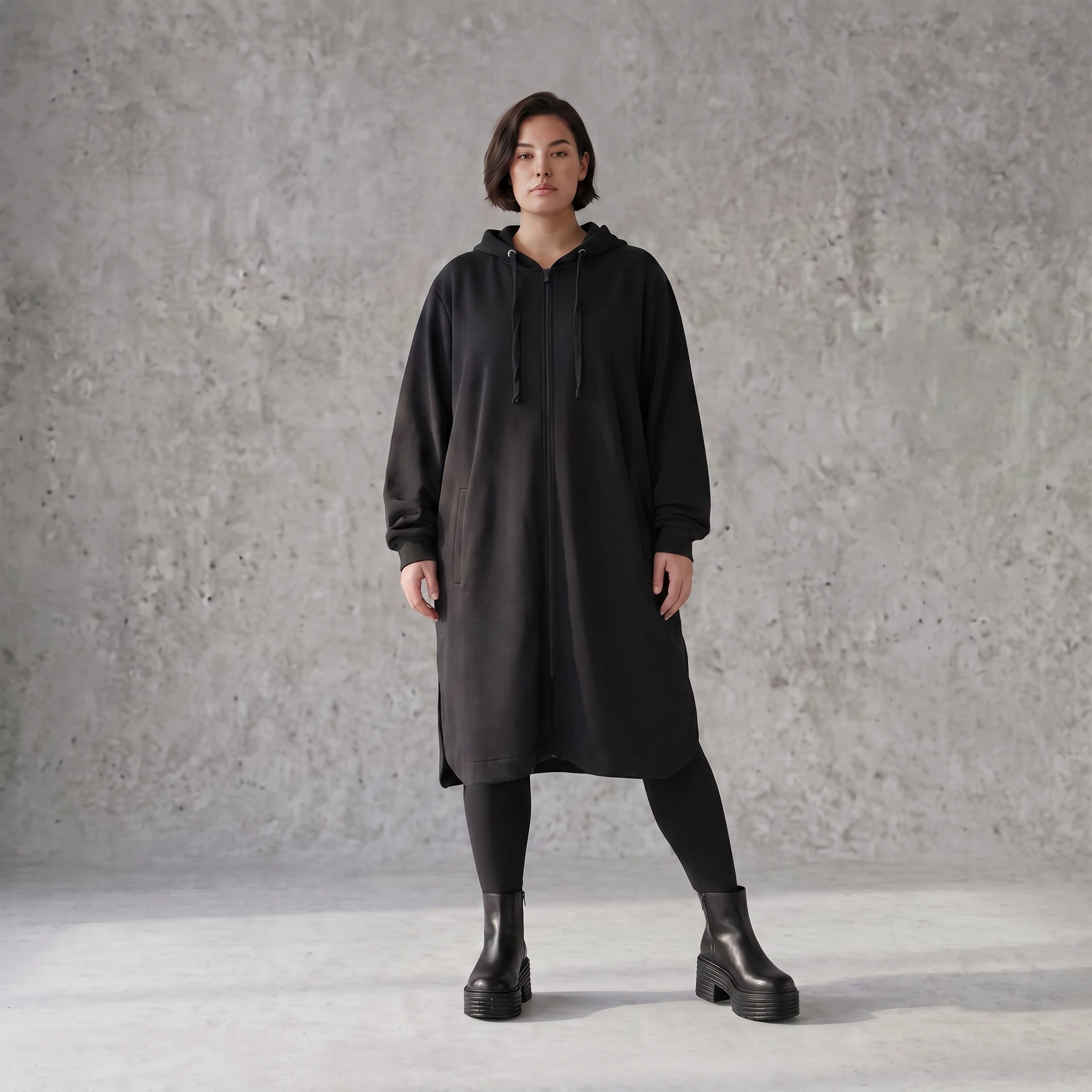 Damen Jacke Avantgarde Baumwolle Schwarz, gerader Schnitt, Langarm, Reißverschluss, Oversize große Größen – Rafay