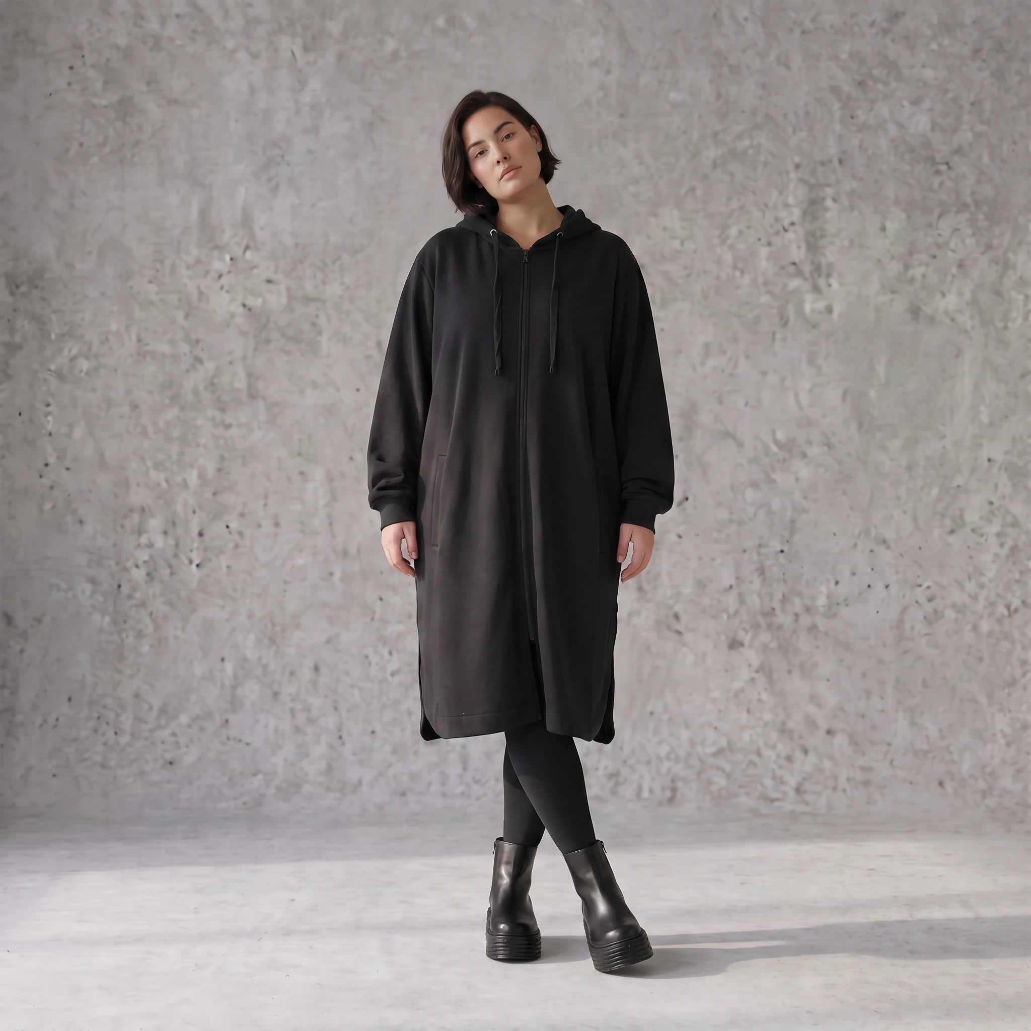 Damen Jacke Avantgarde Baumwolle Schwarz, gerader Schnitt, Langarm, Reißverschluss, Oversize große Größen – Rafay