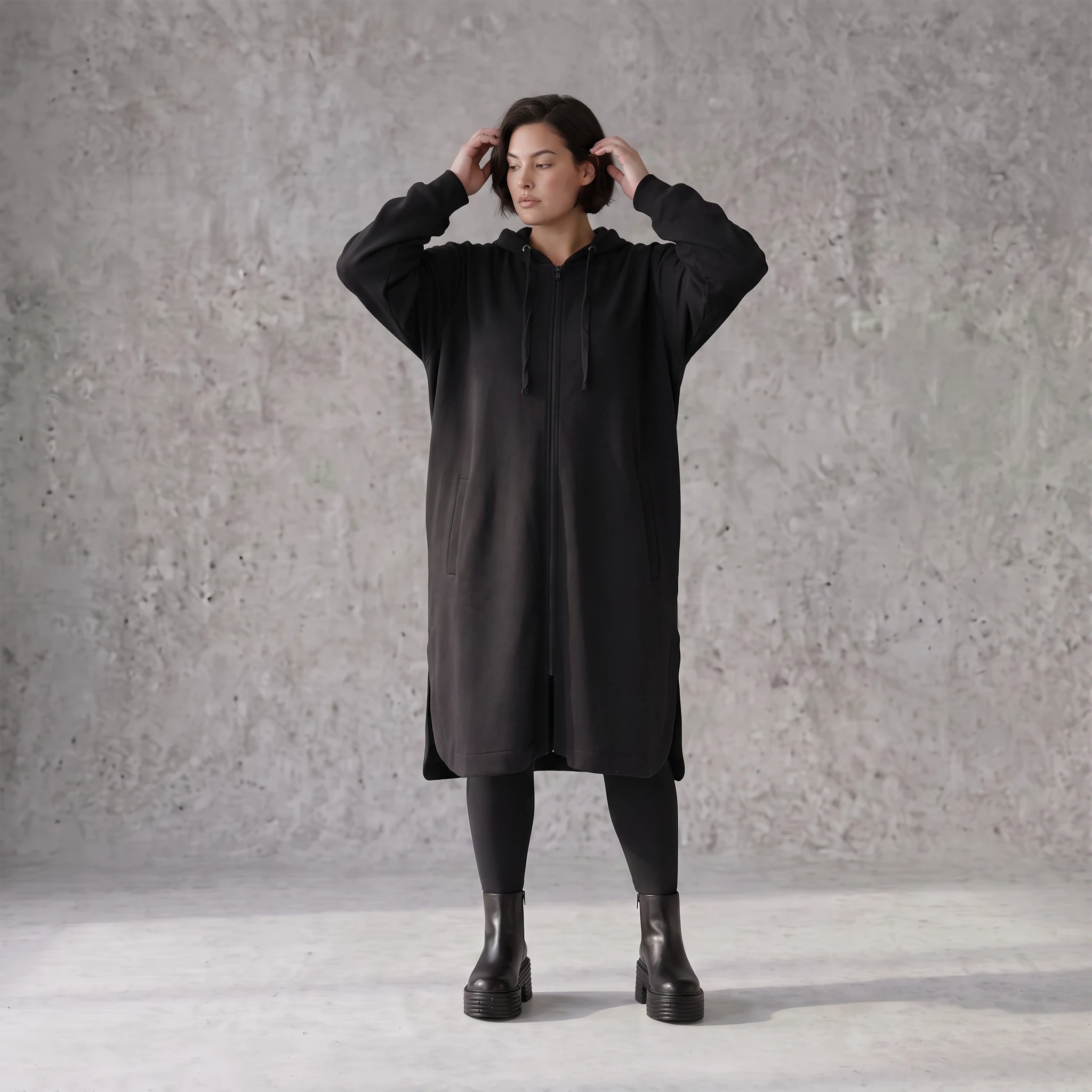 Damen Jacke Avantgarde Baumwolle Schwarz, gerader Schnitt, Langarm, Reißverschluss, Oversize große Größen – Rafay