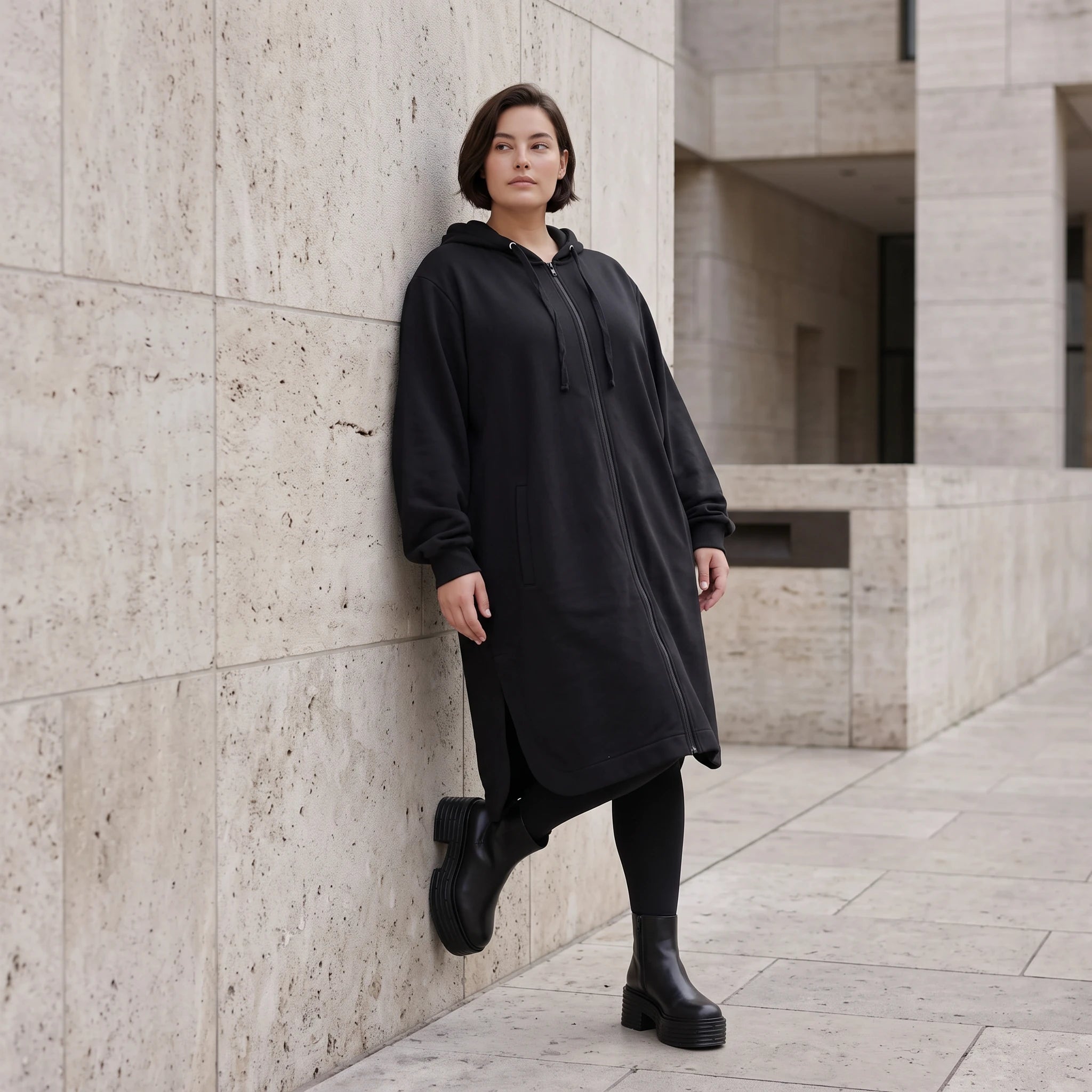 Damen Jacke Avantgarde Baumwolle Schwarz, gerader Schnitt, Langarm, Reißverschluss, Oversize große Größen – Rafay