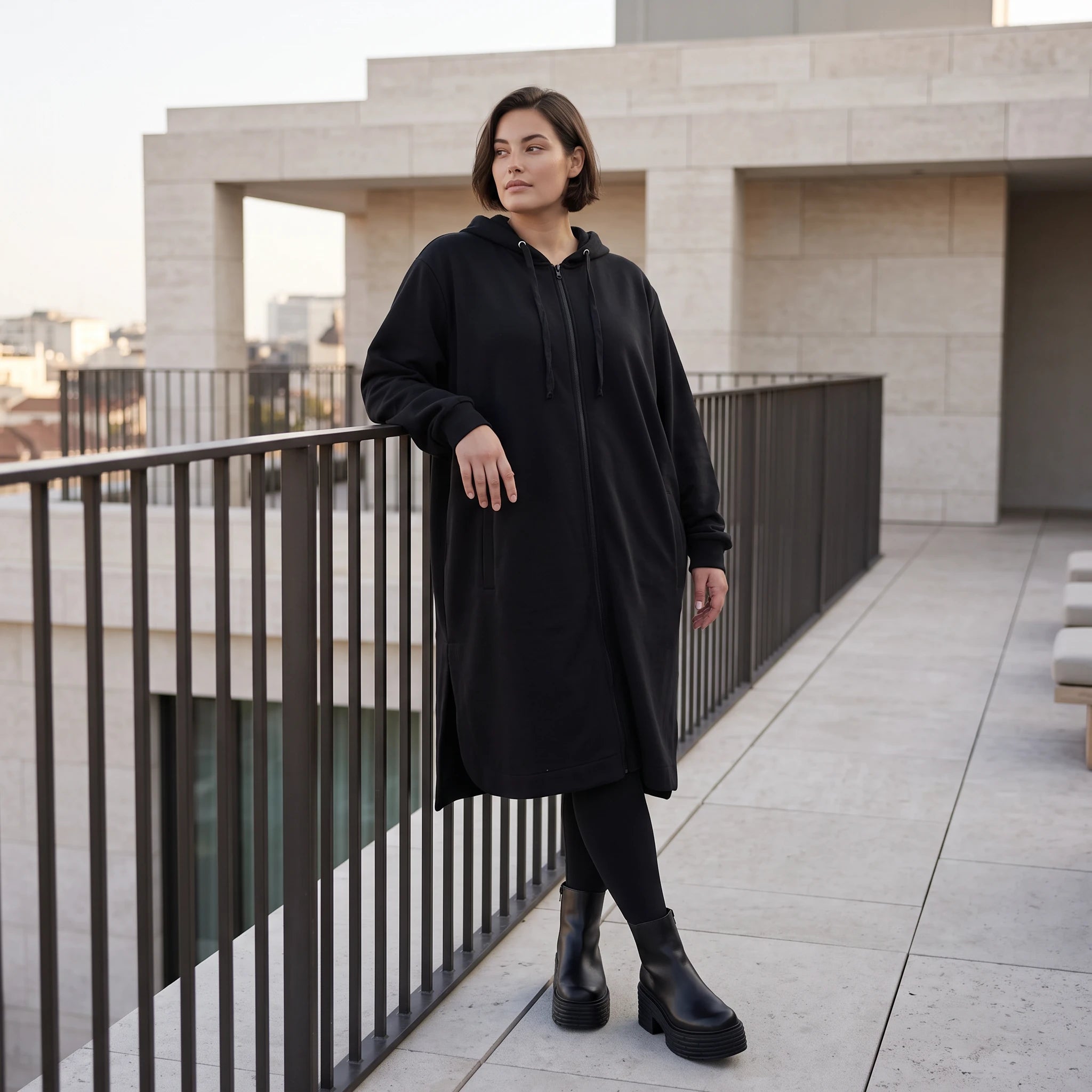 Damen Jacke Avantgarde Baumwolle Schwarz, gerader Schnitt, Langarm, Reißverschluss, Oversize große Größen – Rafay