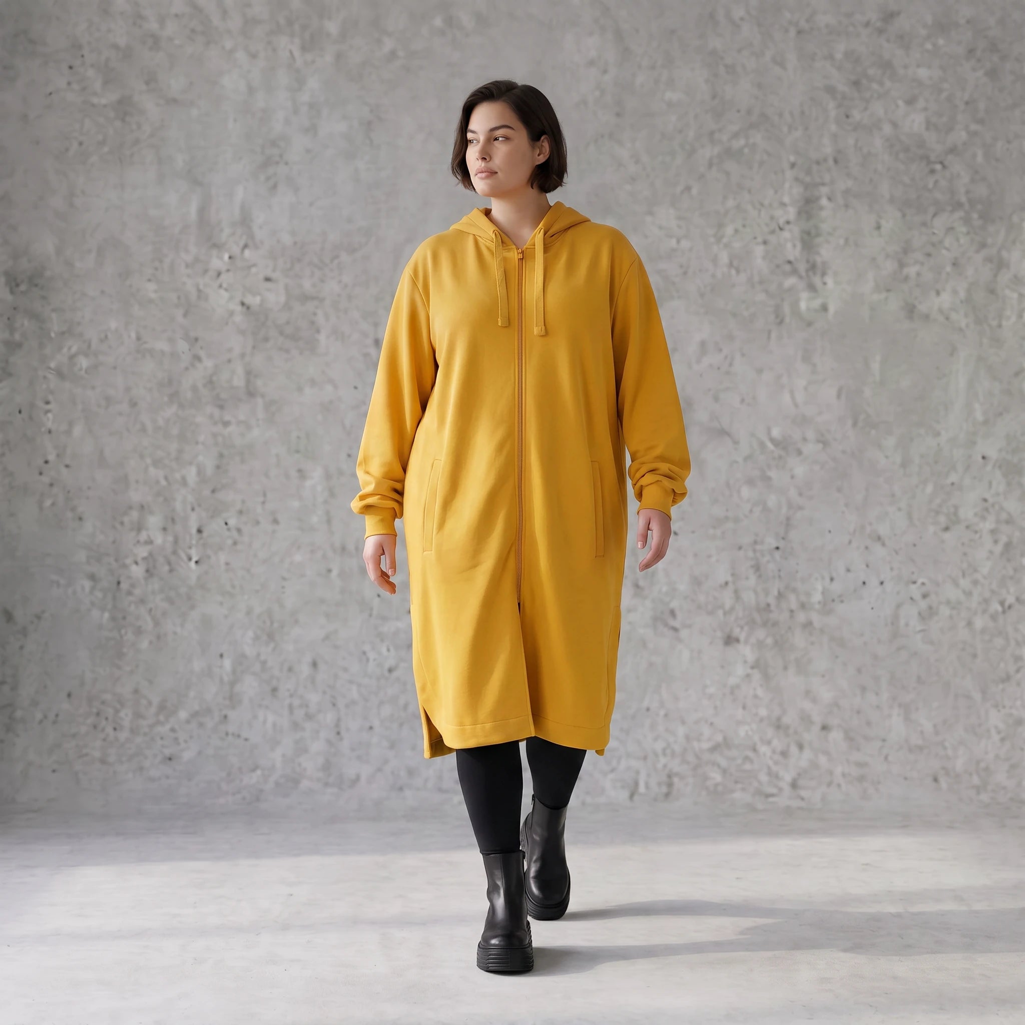 Damen Jacke Avantgarde Baumwolle Senfgelb, gerader Schnitt, Langarm, Kapuze, Oversize große Größen – Rafay