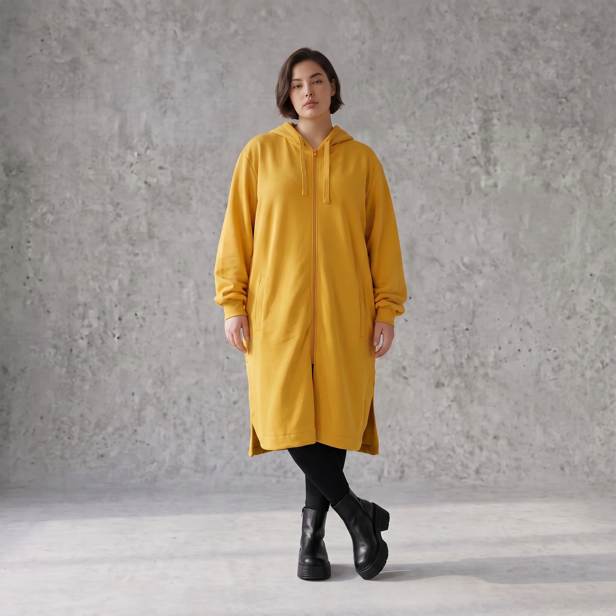 Damen Jacke Avantgarde Baumwolle Senfgelb, gerader Schnitt, Langarm, Kapuze, Oversize große Größen – Rafay