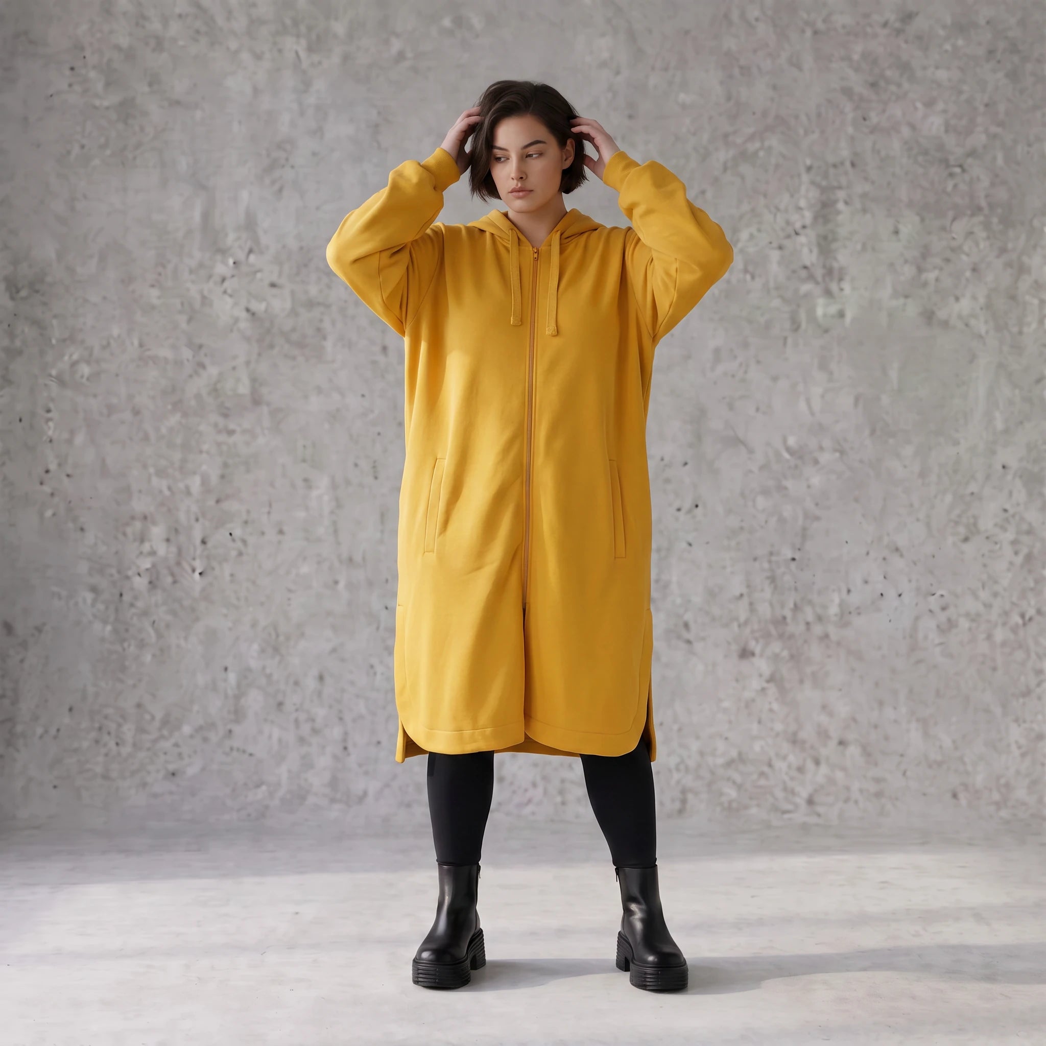 Damen Jacke Avantgarde Baumwolle Senfgelb, gerader Schnitt, Langarm, Kapuze, Oversize große Größen – Rafay