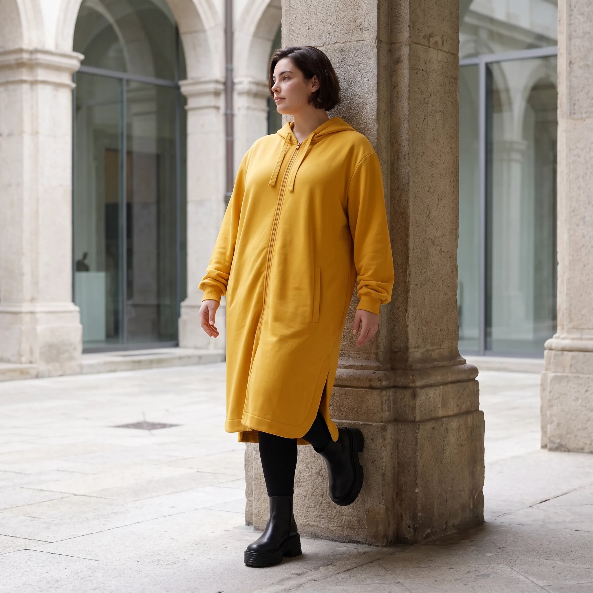 Damen Jacke Avantgarde Baumwolle Senfgelb, gerader Schnitt, Langarm, Kapuze, Oversize große Größen – Rafay