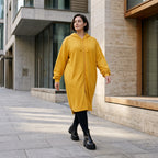 Damen Jacke Avantgarde Baumwolle Senfgelb, gerader Schnitt, Langarm, Kapuze, Oversize große Größen – Rafay