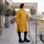 Damen Jacke Avantgarde Baumwolle Senfgelb, gerader Schnitt, Langarm, Kapuze, Oversize große Größen – Rafay