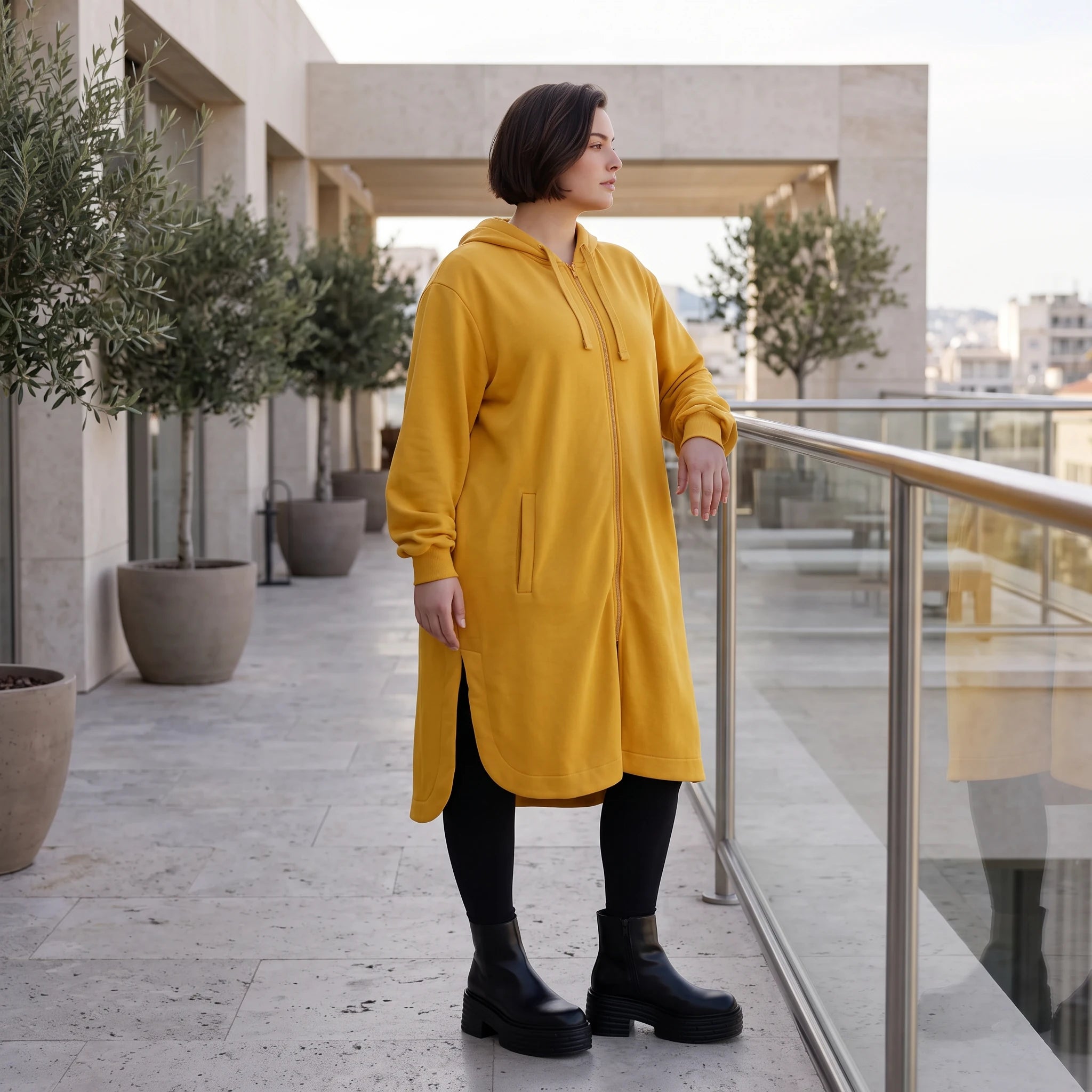 Damen Jacke Avantgarde Baumwolle Senfgelb, gerader Schnitt, Langarm, Kapuze, Oversize große Größen – Rafay