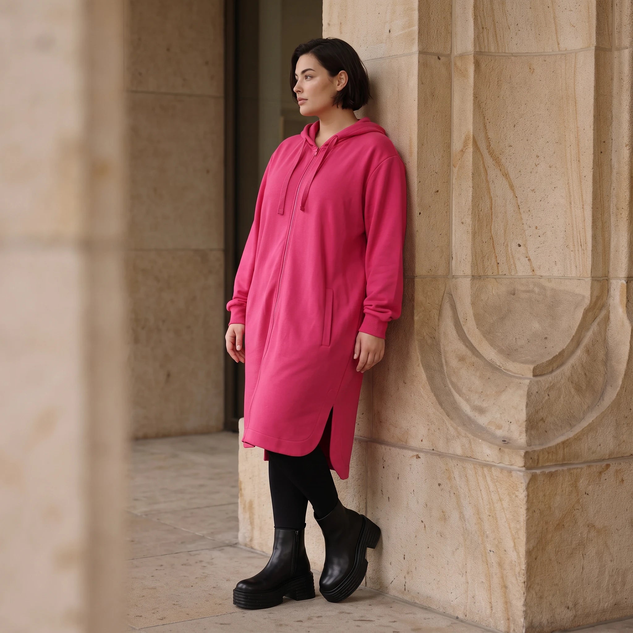 Damen Jacke Avantgarde Baumwolle Pink, gerader Schnitt, Langarm, Kapuze, Oversize große Größen – Rafay