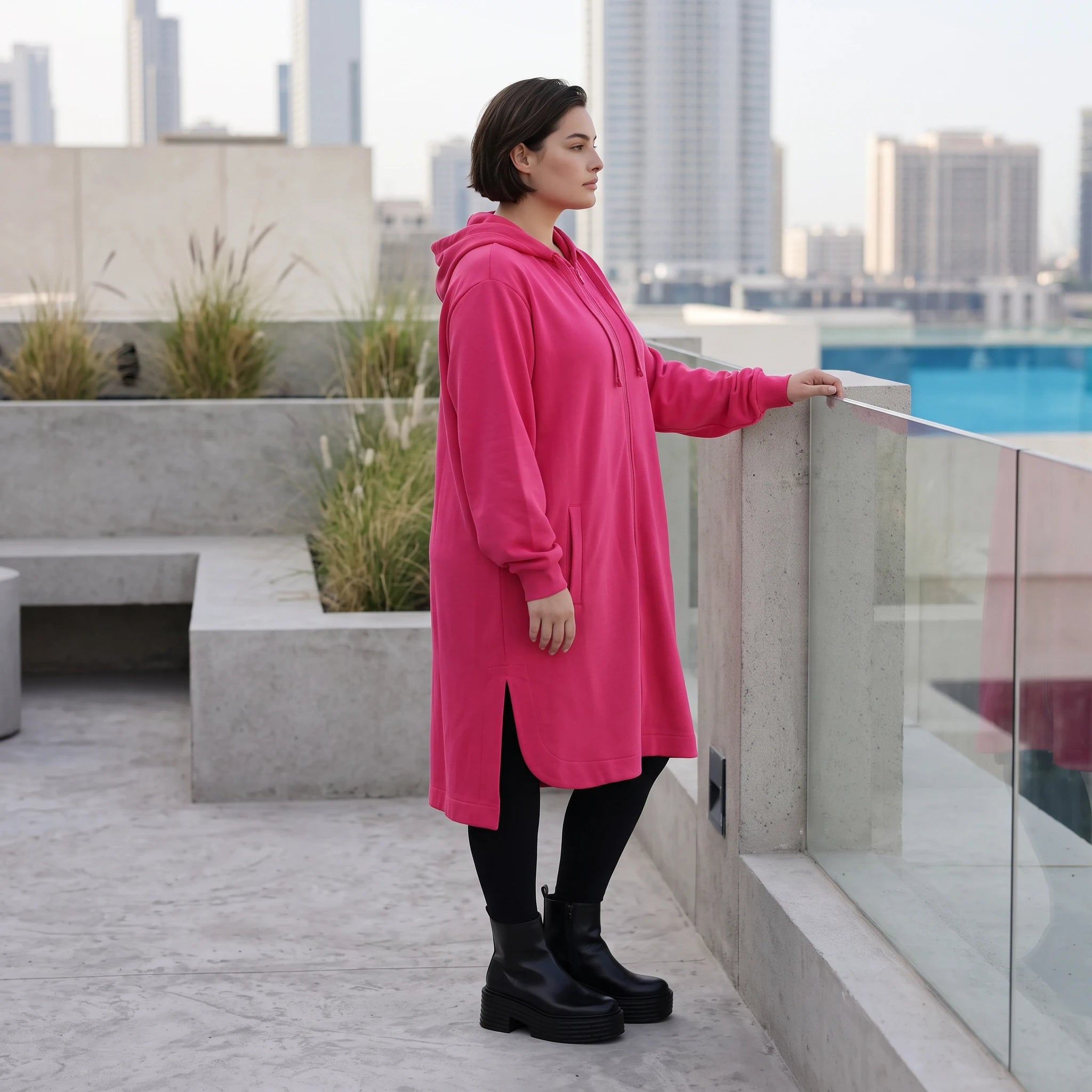 Damen Jacke Avantgarde Baumwolle Pink, gerader Schnitt, Langarm, Kapuze, Oversize große Größen – Rafay