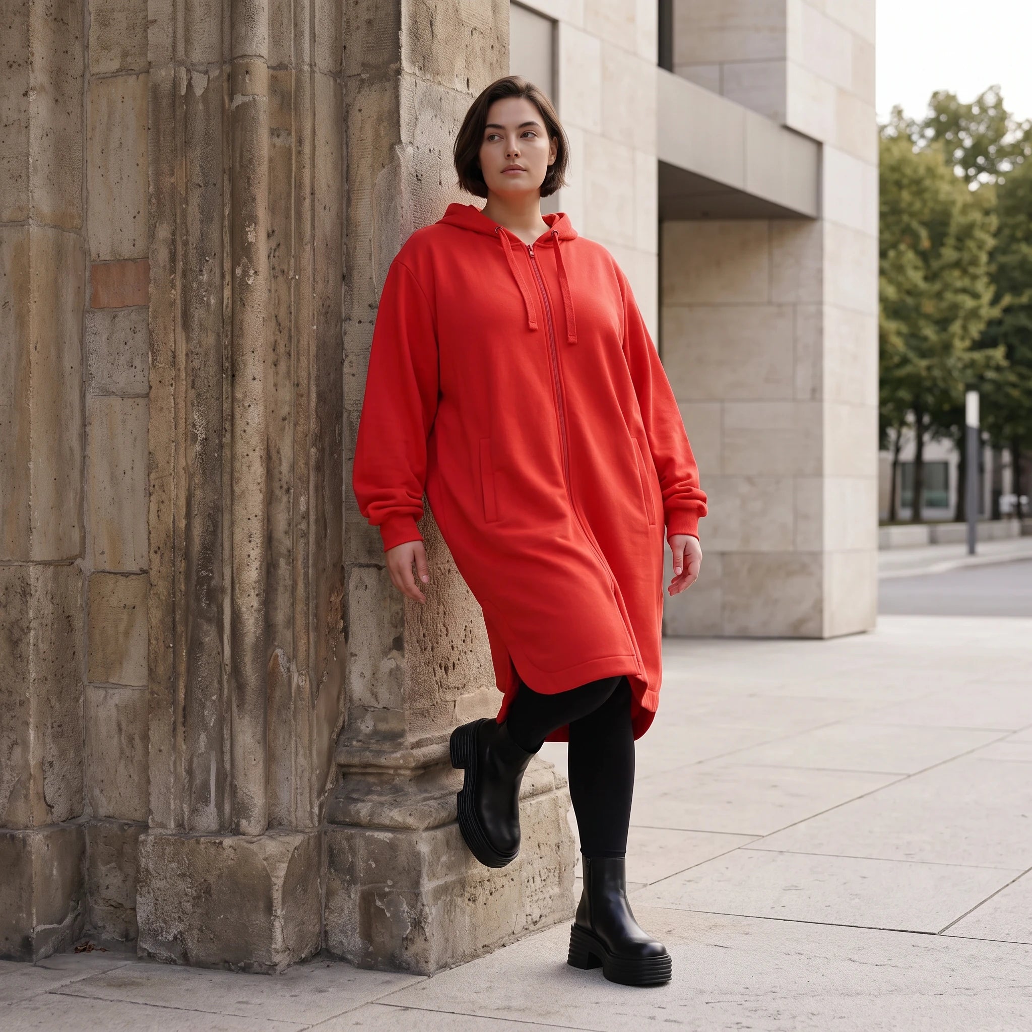 Damen Jacke Avantgarde Baumwolle Rot, gerader Schnitt, Langarm, Reißverschluss, Oversize große Größen – Rafay
