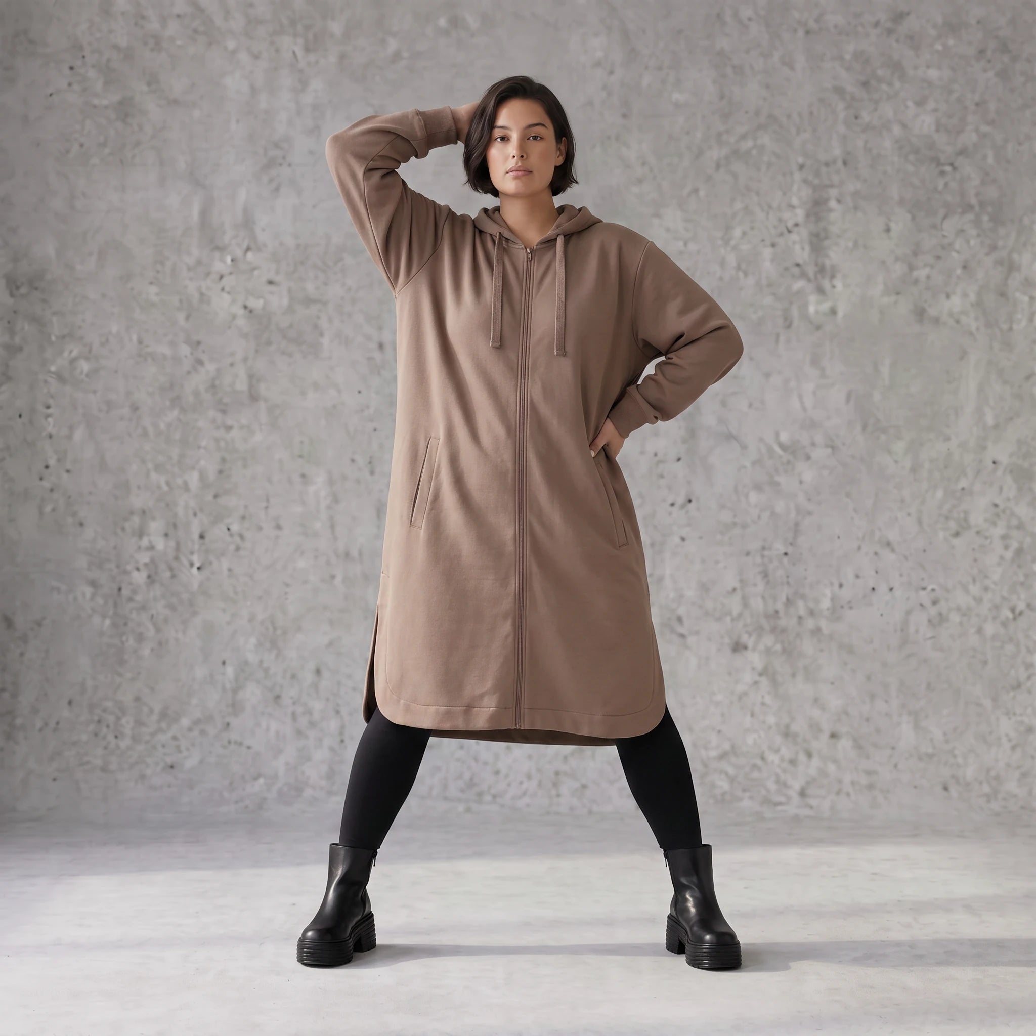Damen Jacke Avantgarde Baumwolle Braun, gerader Schnitt, Langarm, Reißverschluss, Oversize große Größen – Rafay