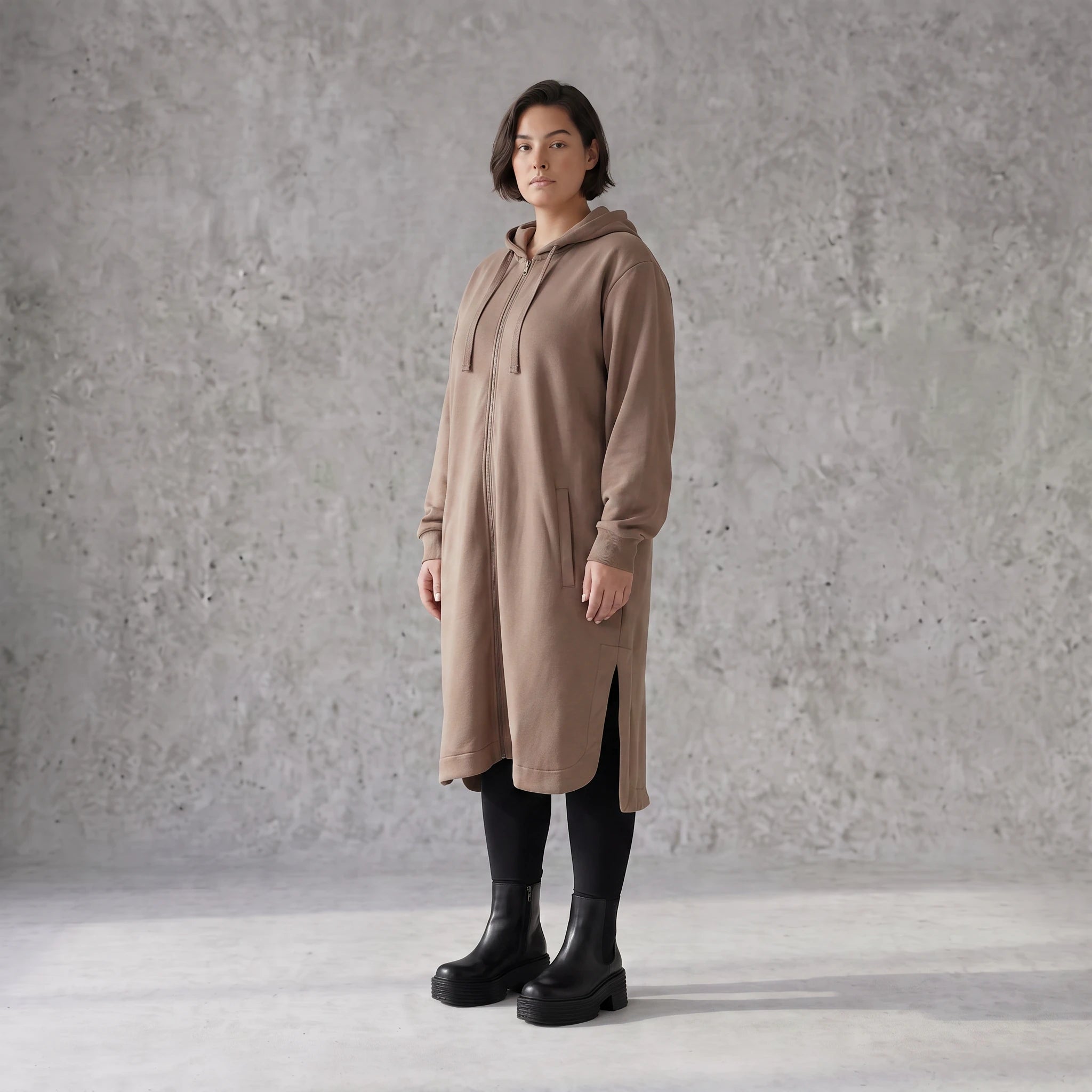 Damen Jacke Avantgarde Baumwolle Braun, gerader Schnitt, Langarm, Reißverschluss, Oversize große Größen – Rafay