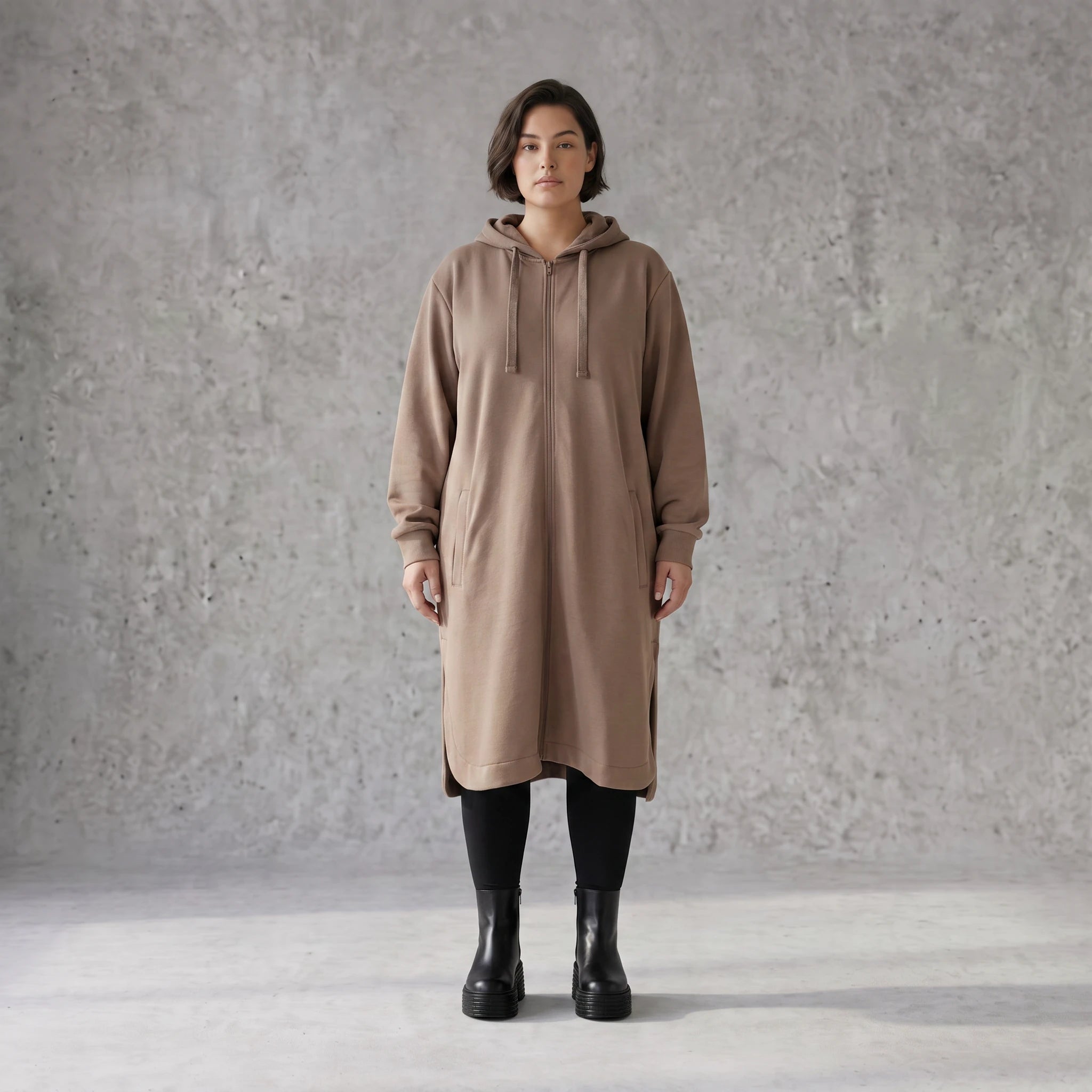 Damen Jacke Avantgarde Baumwolle Braun, gerader Schnitt, Langarm, Reißverschluss, Oversize große Größen – Rafay
