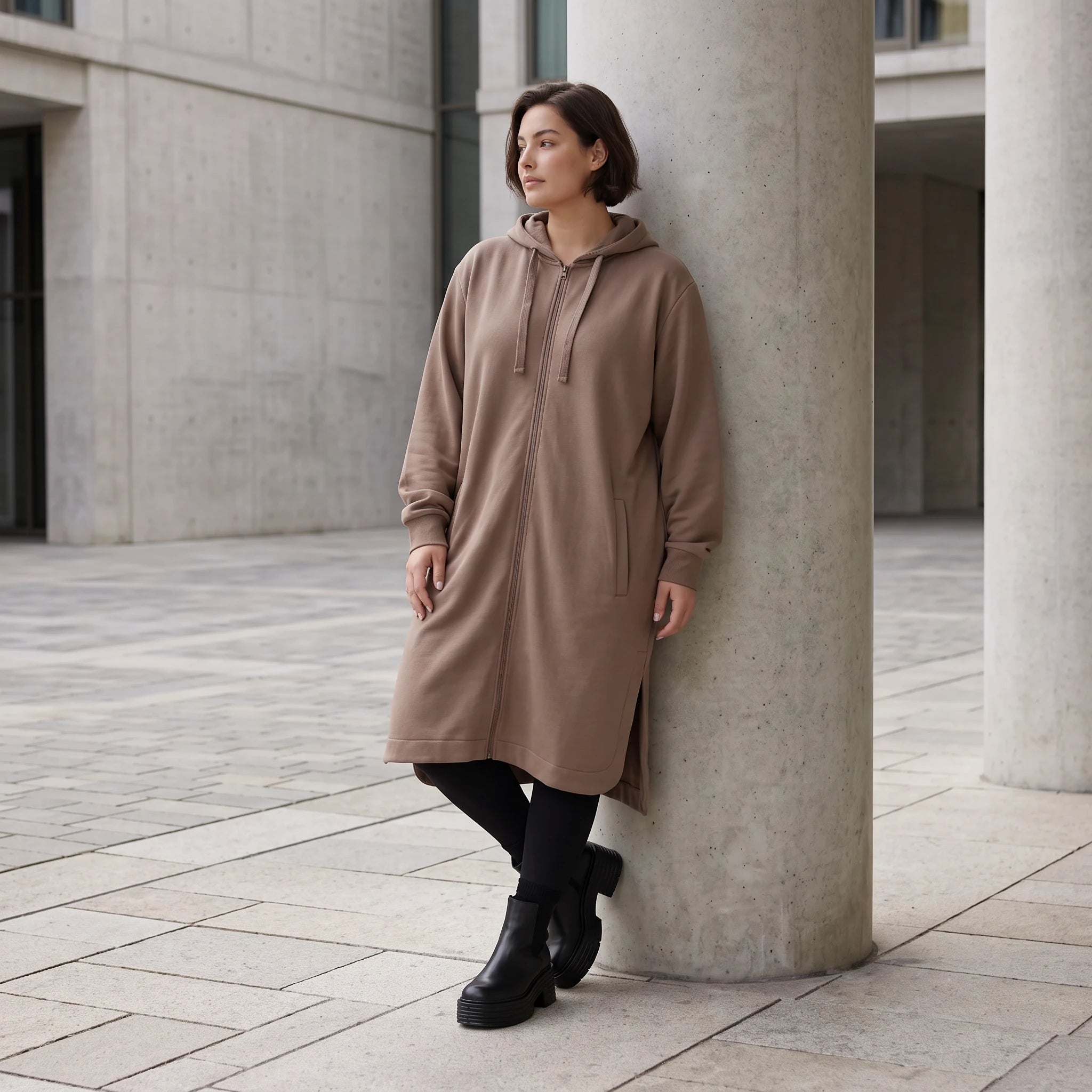 Damen Jacke Avantgarde Baumwolle Braun, gerader Schnitt, Langarm, Reißverschluss, Oversize große Größen – Rafay