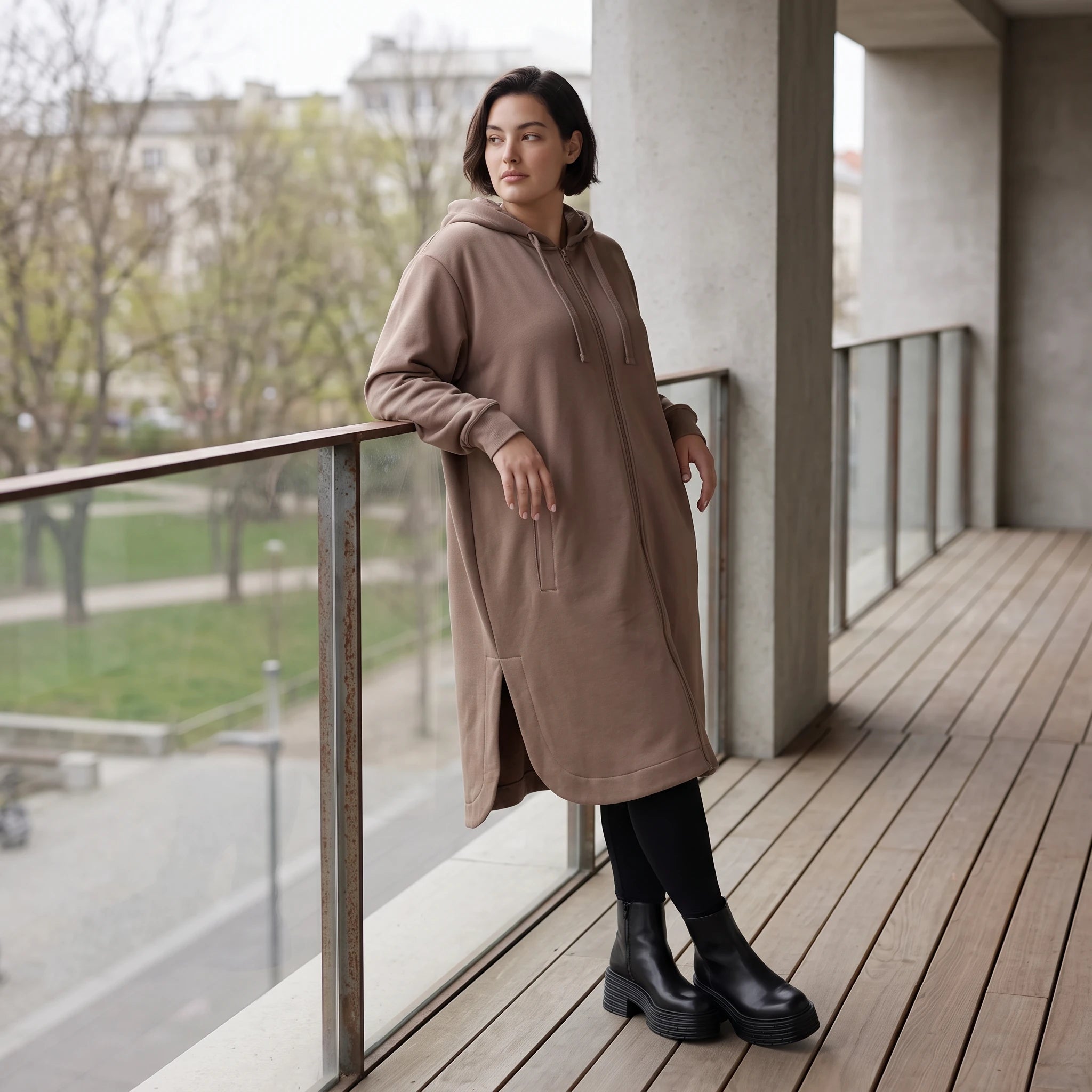 Damen Jacke Avantgarde Baumwolle Braun, gerader Schnitt, Langarm, Reißverschluss, Oversize große Größen – Rafay
