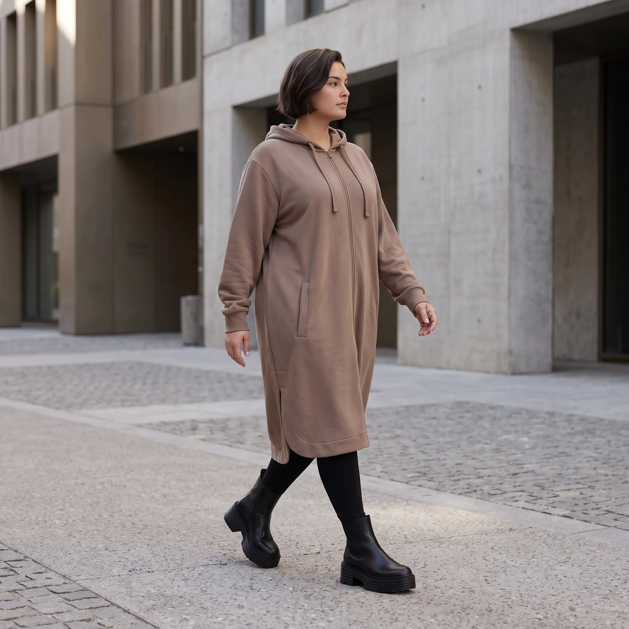 Damen Jacke Avantgarde Baumwolle Braun, gerader Schnitt, Langarm, Reißverschluss, Oversize große Größen – Rafay