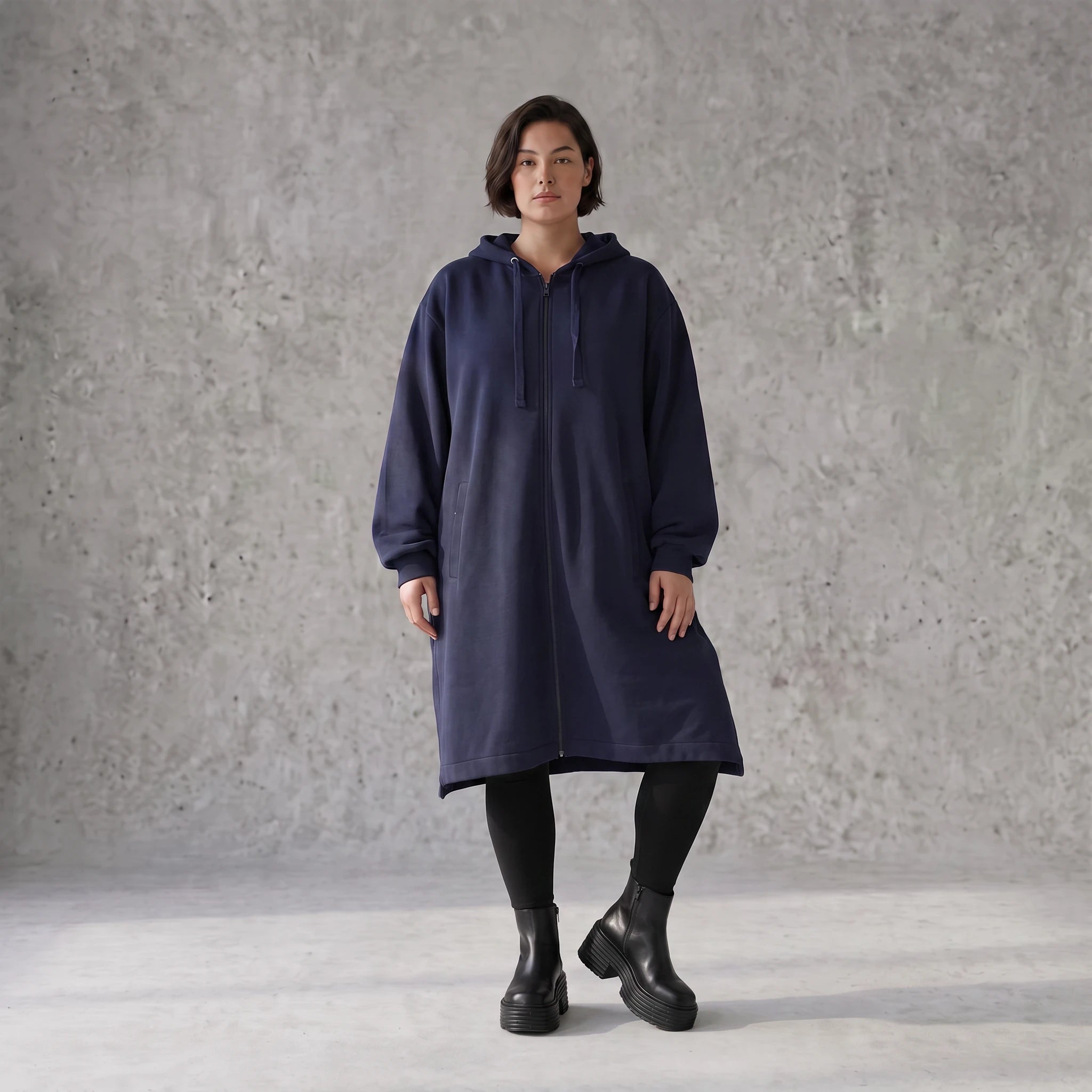 Damen Jacke Avantgarde Baumwolle Dunkelblau, gerader Schnitt, Reißverschluss, Oversize große Größen – Rafay