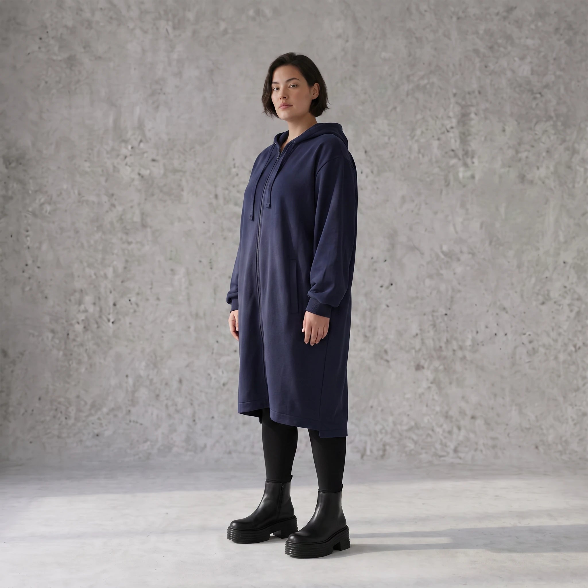 Damen Jacke Avantgarde Baumwolle Dunkelblau, gerader Schnitt, Reißverschluss, Oversize große Größen – Rafay