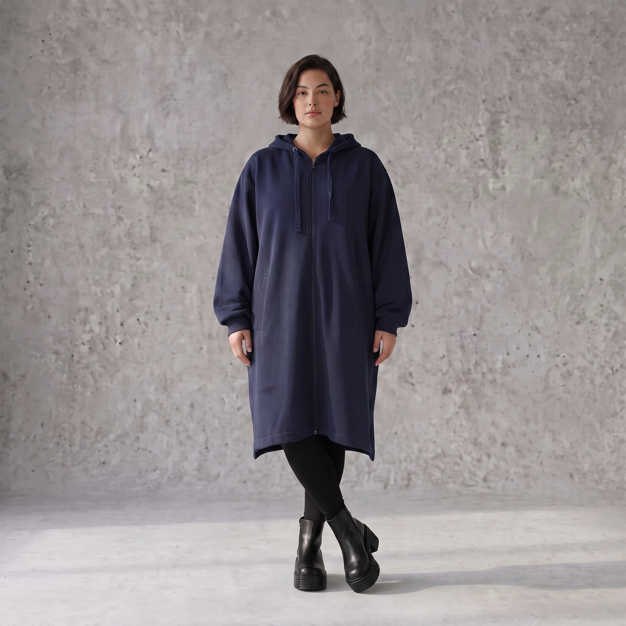 Damen Jacke Avantgarde Baumwolle Dunkelblau, gerader Schnitt, Reißverschluss, Oversize große Größen – Rafay