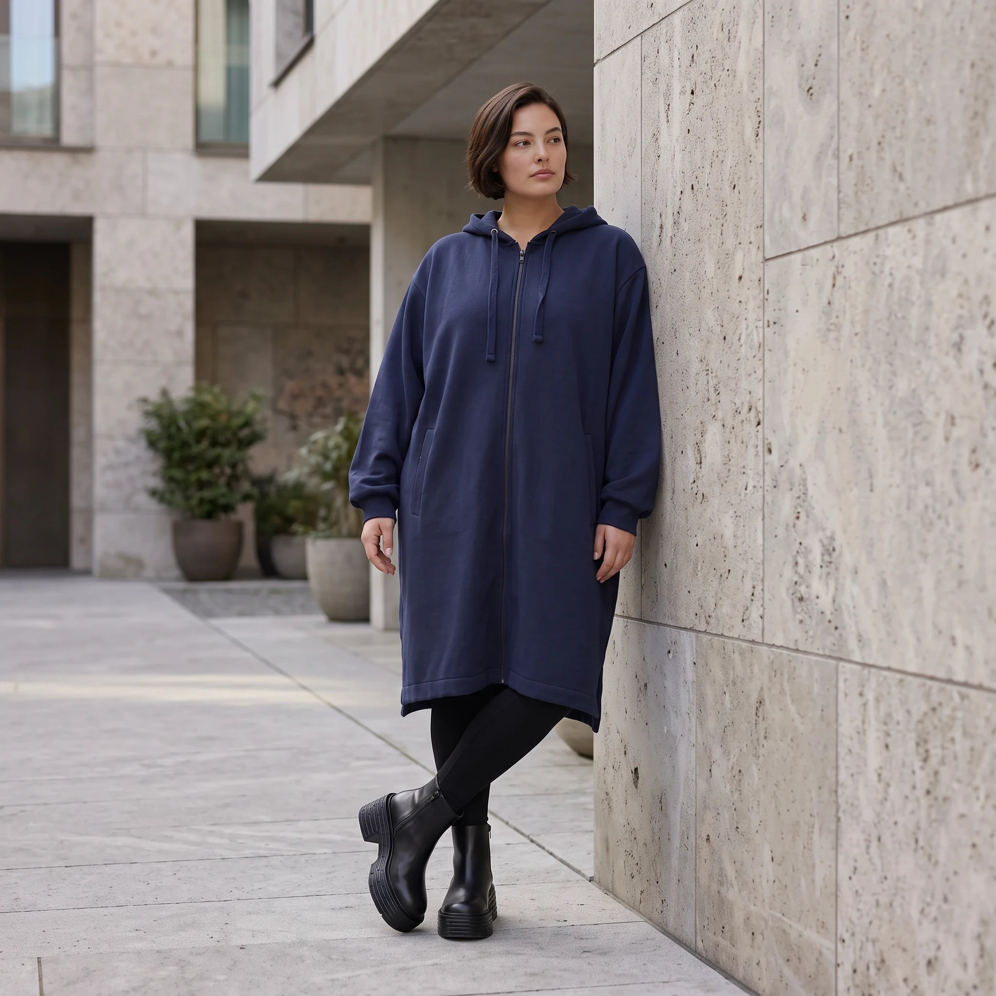 Damen Jacke Avantgarde Baumwolle Dunkelblau, gerader Schnitt, Reißverschluss, Oversize große Größen – Rafay