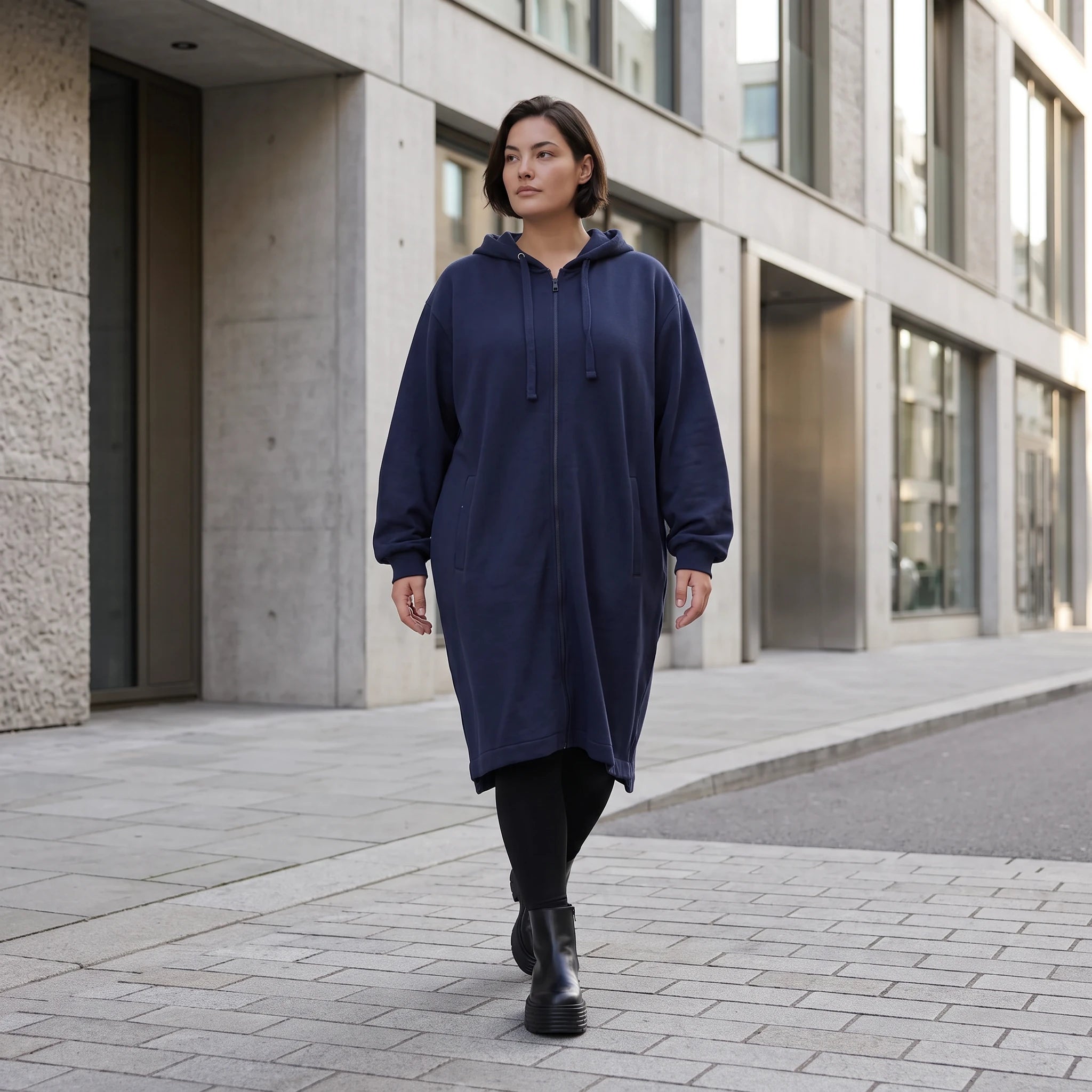 Damen Jacke Avantgarde Baumwolle Dunkelblau, gerader Schnitt, Reißverschluss, Oversize große Größen – Rafay