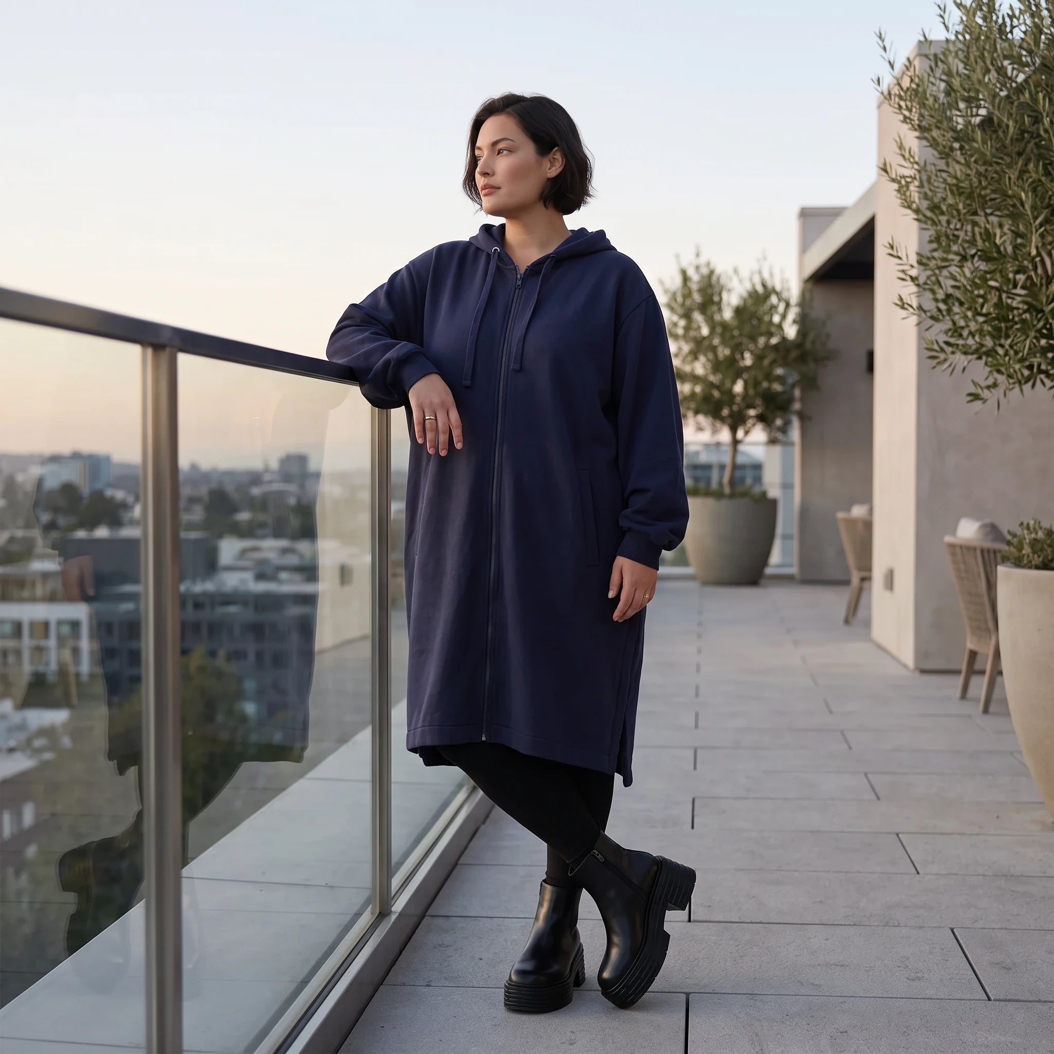Damen Jacke Avantgarde Baumwolle Dunkelblau, gerader Schnitt, Reißverschluss, Oversize große Größen – Rafay