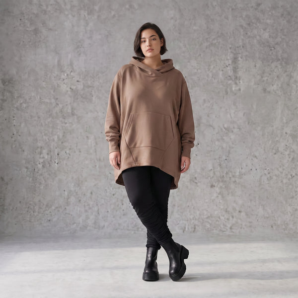 Damen Hoody Avantgarde Baumwolle Braun, gerundeter Schnitt, Kapuze, Oversize große Größen – Rafay