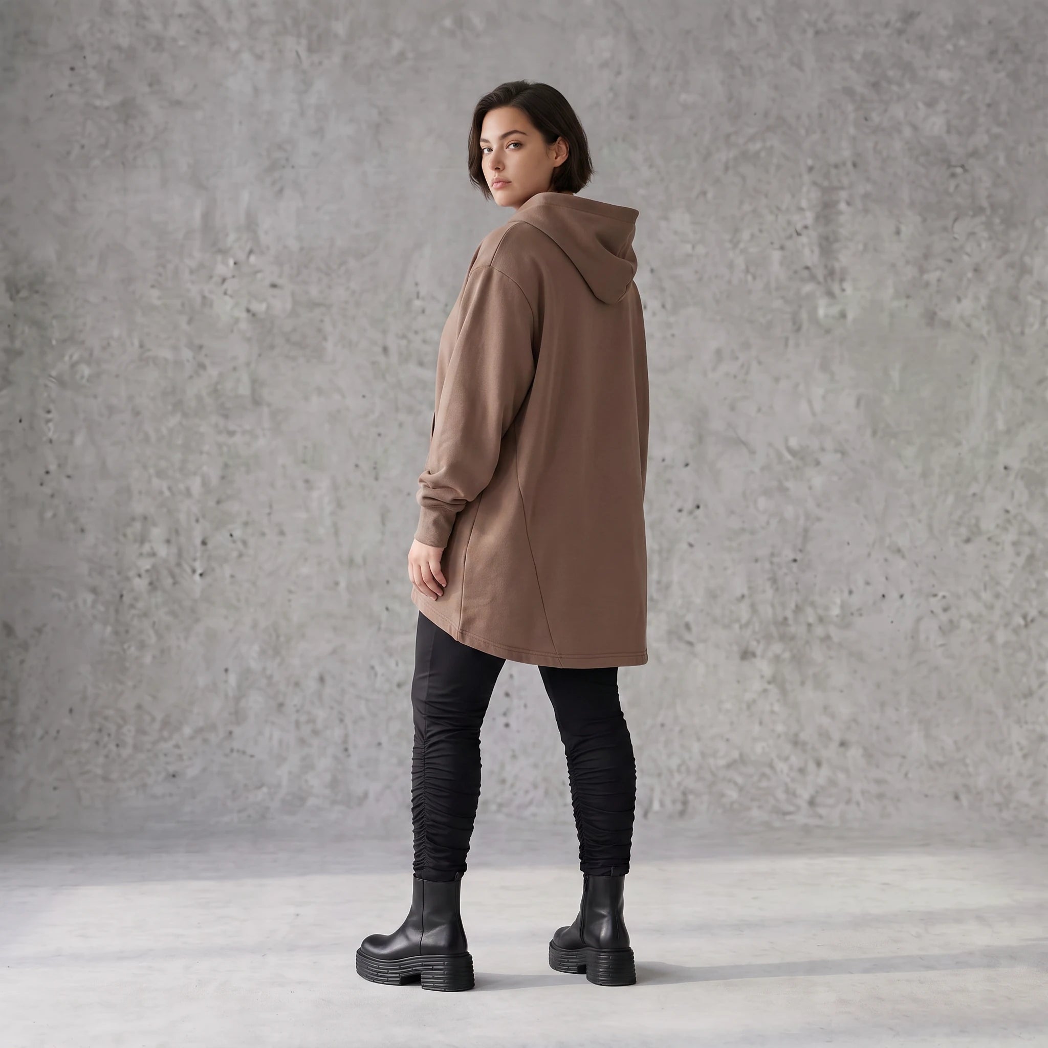 Damen Hoody Avantgarde Baumwolle Braun, gerundeter Schnitt, Kapuze, Oversize große Größen – Rafay