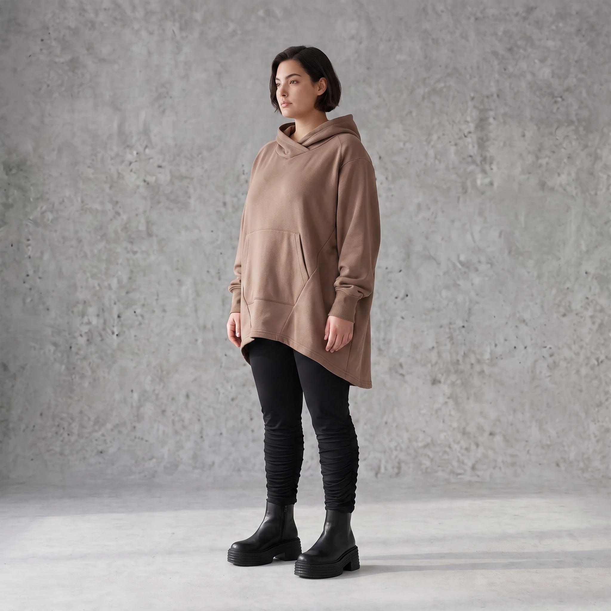 Damen Hoody Avantgarde Baumwolle Braun, gerundeter Schnitt, Kapuze, Oversize große Größen – Rafay