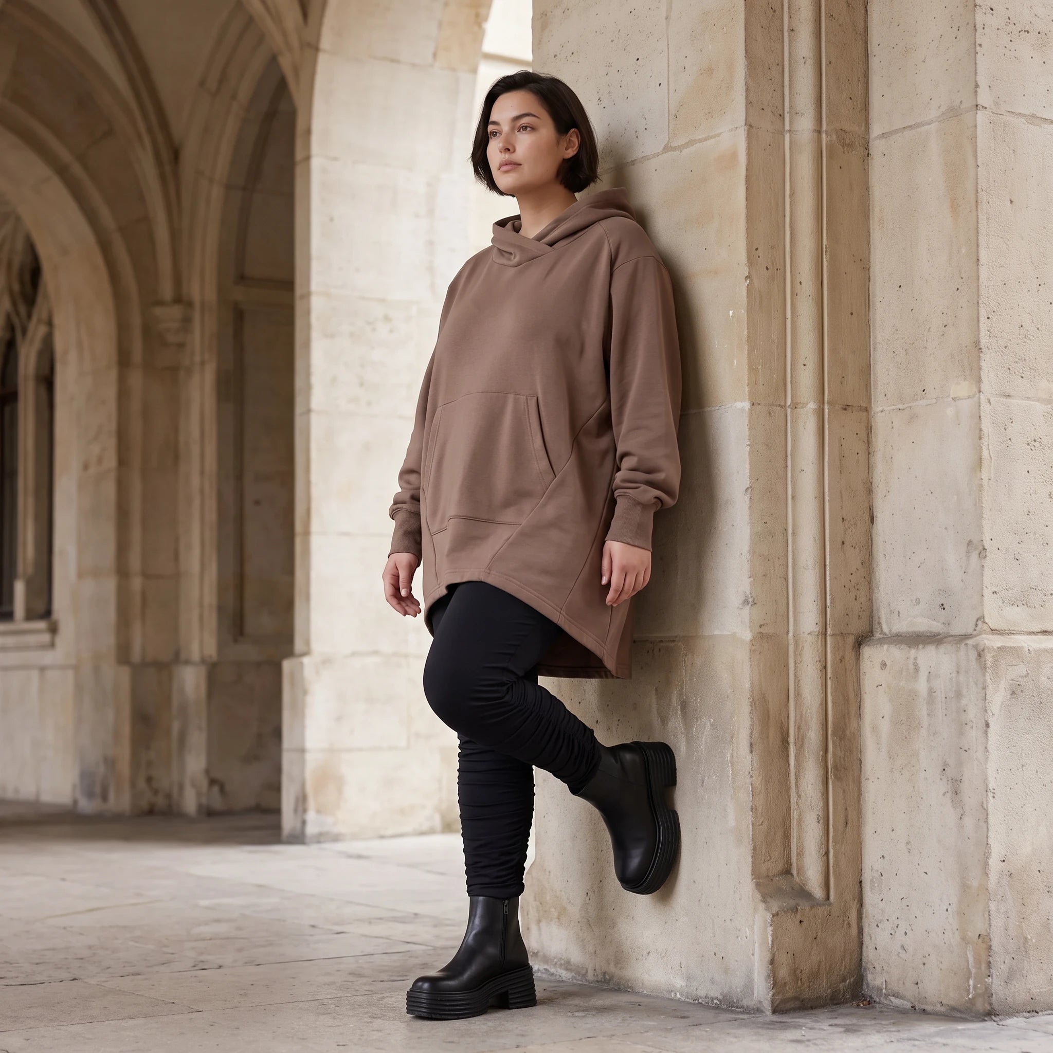 Damen Hoody Avantgarde Baumwolle Braun, gerundeter Schnitt, Kapuze, Oversize große Größen – Rafay