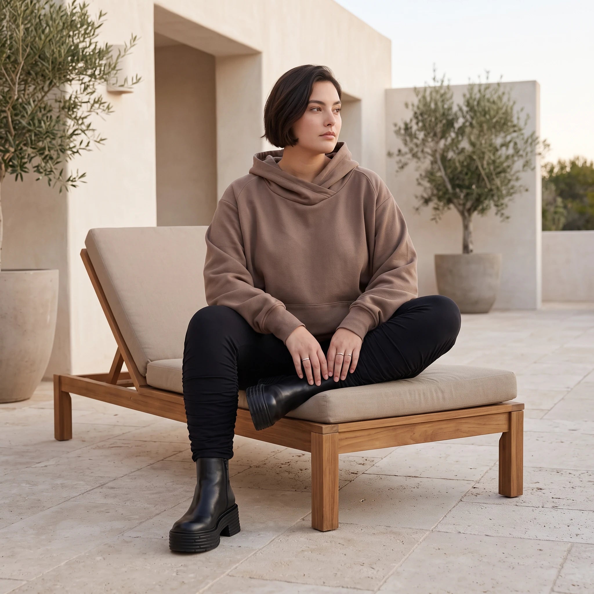 Damen Hoody Avantgarde Baumwolle Braun, gerundeter Schnitt, Kapuze, Oversize große Größen – Rafay