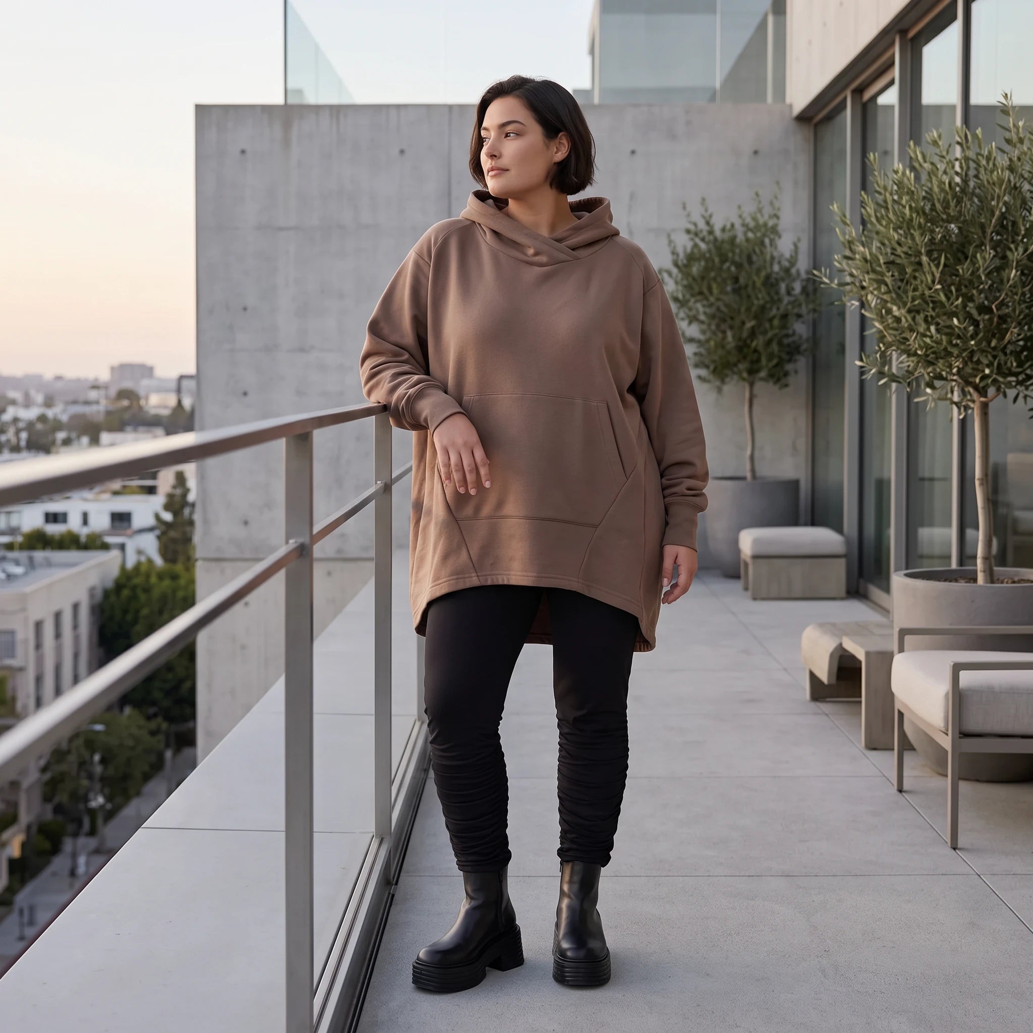 Damen Hoody Avantgarde Baumwolle Braun, gerundeter Schnitt, Kapuze, Oversize große Größen – Rafay