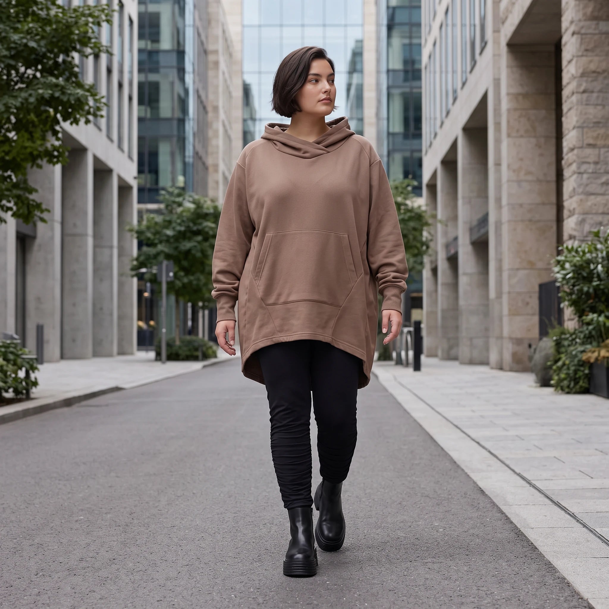 Damen Hoody Avantgarde Baumwolle Braun, gerundeter Schnitt, Kapuze, Oversize große Größen – Rafay