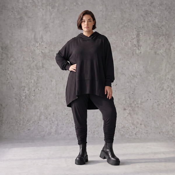 Damen Hoody Avantgarde Baumwolle Schwarz, gerundeter Schnitt, 7/8-Arm, Kapuze, Oversize große Größen – Rafay