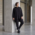 Damen Hoody Avantgarde Baumwolle Schwarz, gerundeter Schnitt, 7/8-Arm, Kapuze, Oversize große Größen – Rafay