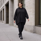 Damen Hoody Avantgarde Baumwolle Schwarz, gerundeter Schnitt, 7/8-Arm, Kapuze, Oversize große Größen – Rafay