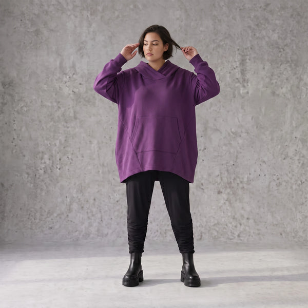 Damen Hoody Avantgarde Baumwolle Lila, gerundeter Schnitt, 7/8-Arm, Kapuze, Oversize große Größen – Rafay