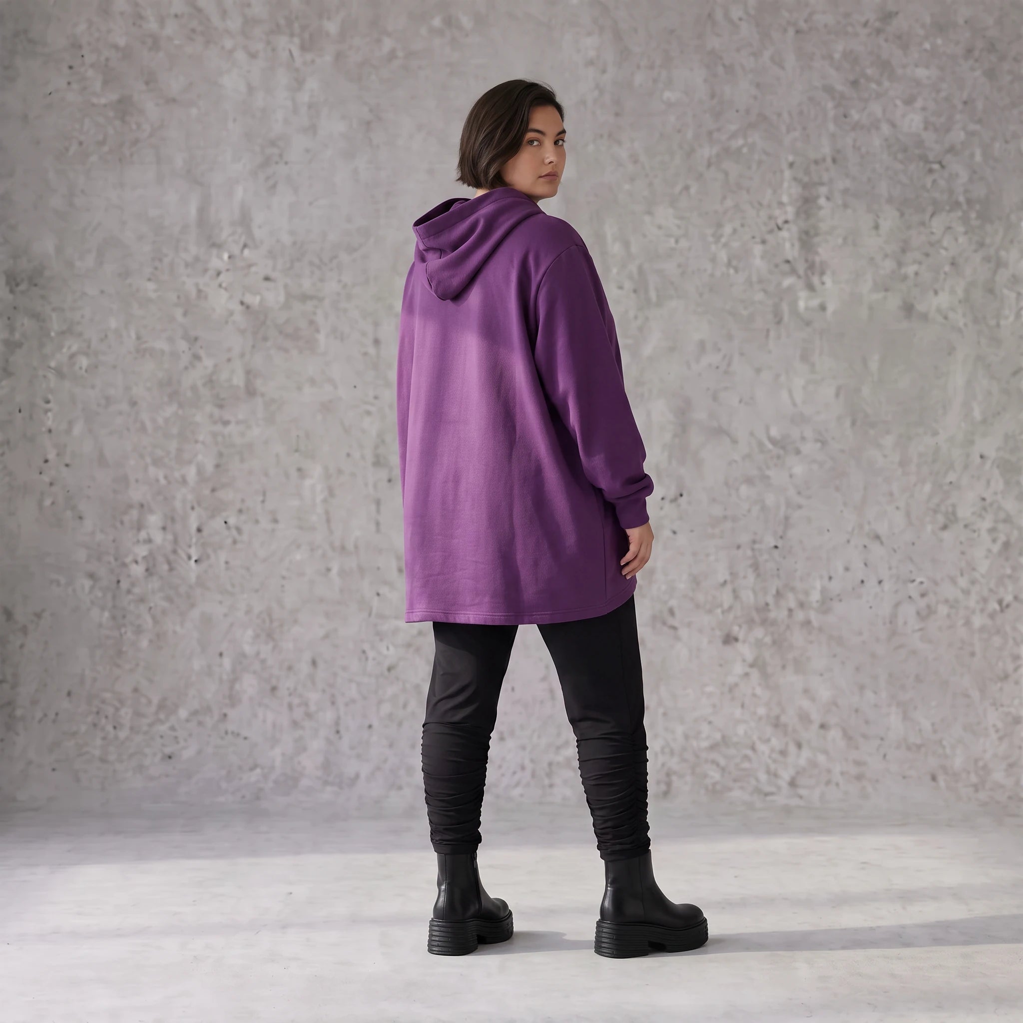 Damen Hoody Avantgarde Baumwolle Lila, gerundeter Schnitt, 7/8-Arm, Kapuze, Oversize große Größen – Rafay