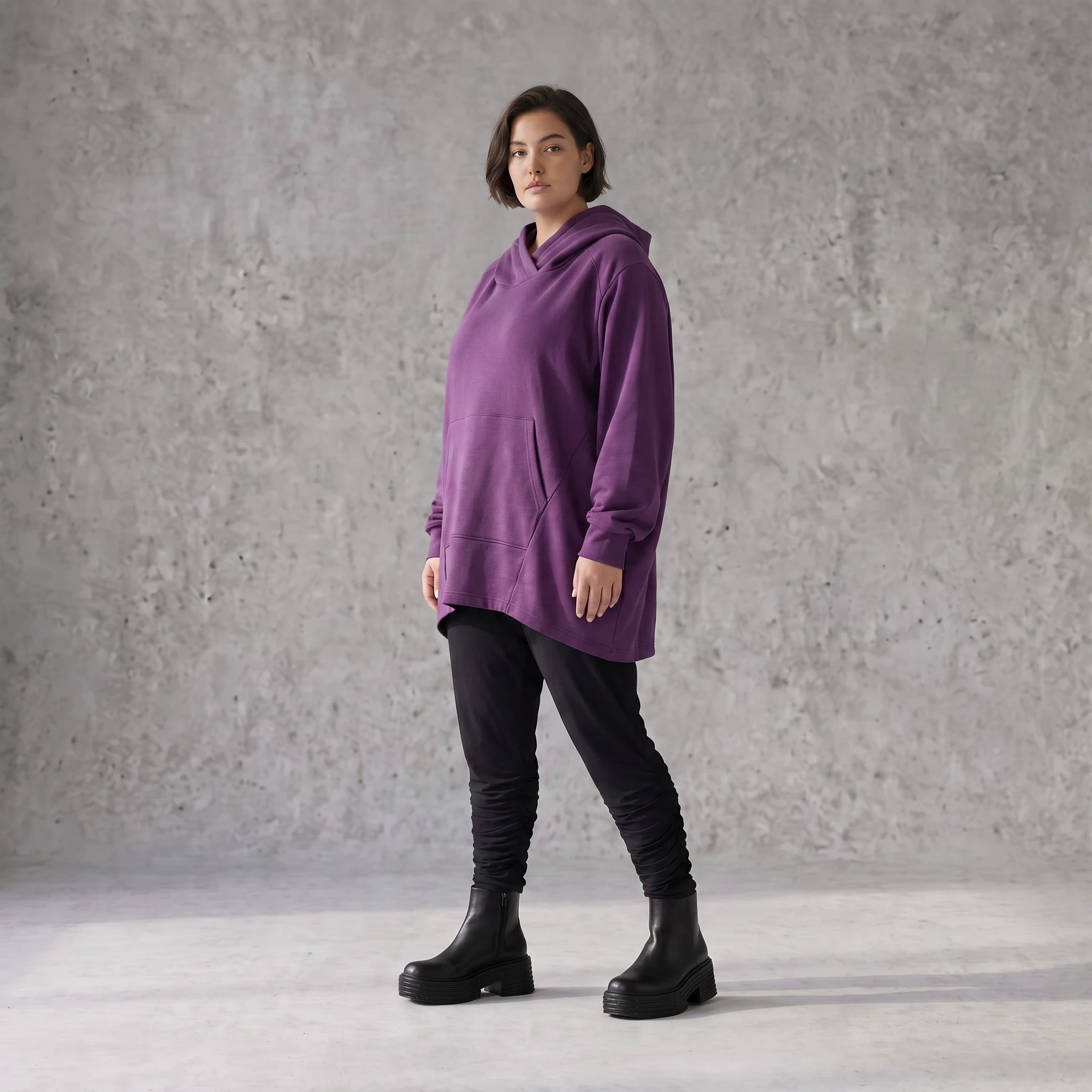 Damen Hoody Avantgarde Baumwolle Lila, gerundeter Schnitt, 7/8-Arm, Kapuze, Oversize große Größen – Rafay
