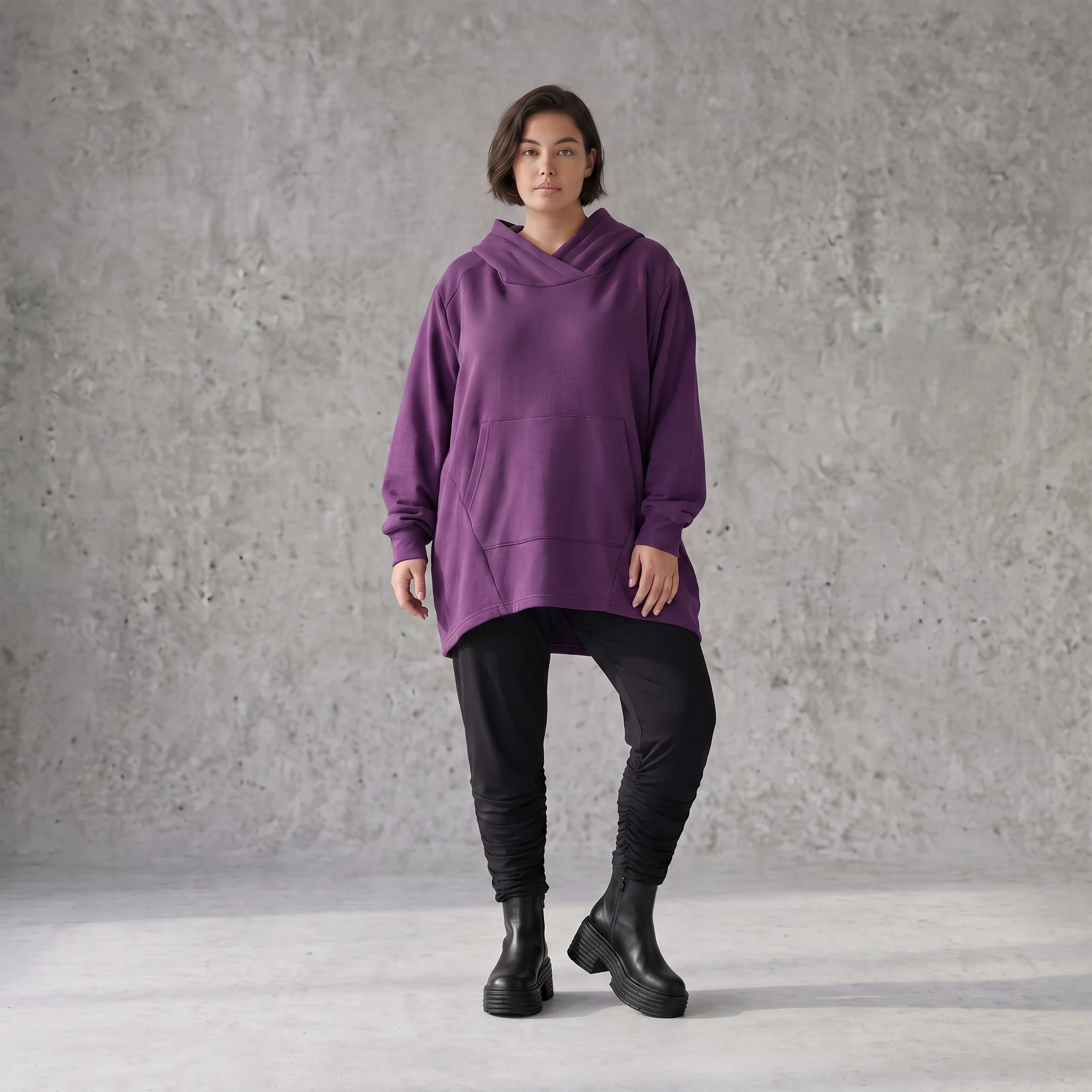 Damen Hoody Avantgarde Baumwolle Lila, gerundeter Schnitt, 7/8-Arm, Kapuze, Oversize große Größen – Rafay