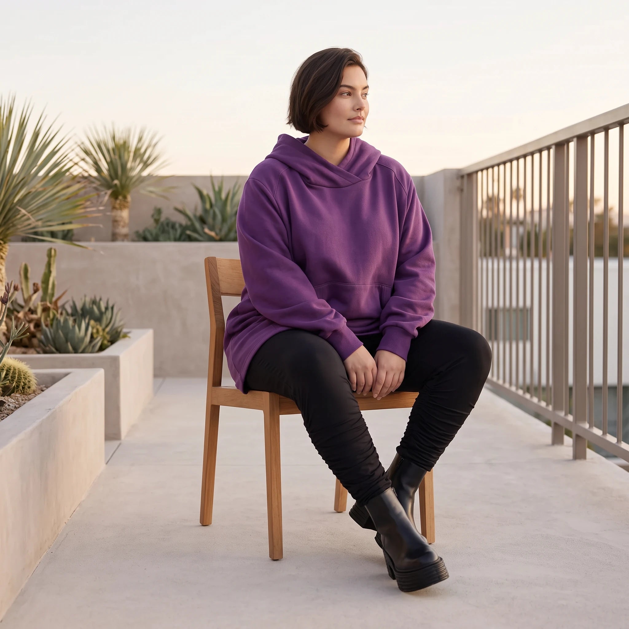 Damen Hoody Avantgarde Baumwolle Lila, gerundeter Schnitt, 7/8-Arm, Kapuze, Oversize große Größen – Rafay